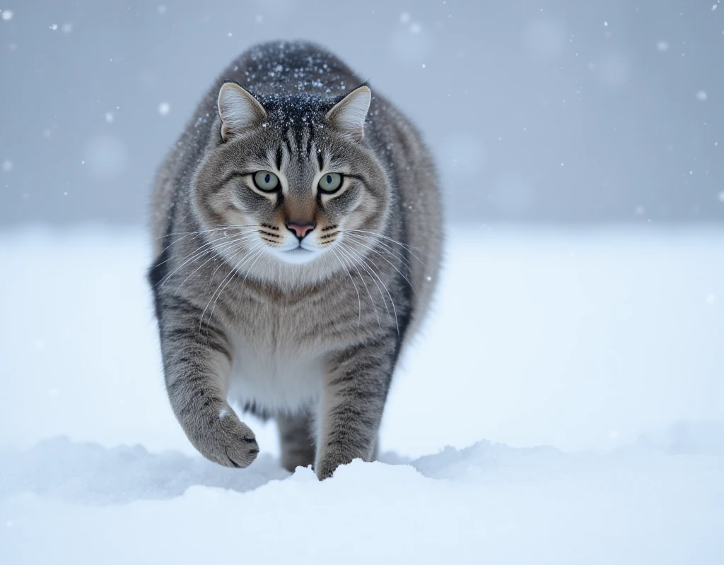 Realistic, theme is "footprints in the snow", Pallas's cat walking in the snowy field, snow on the Pallas's cat's fur, hunting in a snowstorm, Pallas's cat's footprints left in the snowy field, close-up on the footprints, sophisticated design, advanced lighting technology, real-life photo 8K quality