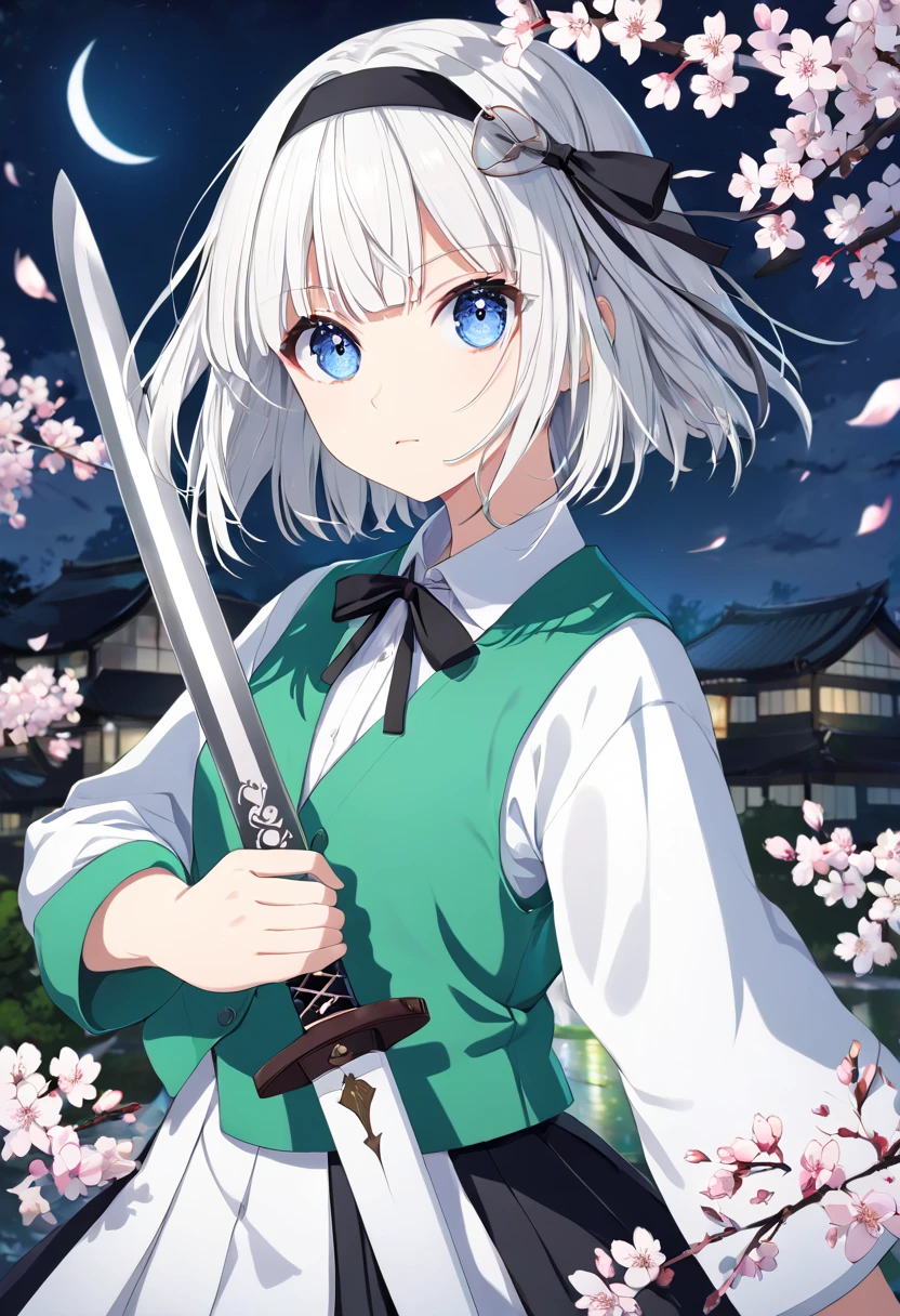 Konpaku Youmu、youmu、 1 girl、 cute、White hair bob cut、 blue eyes、 white long sleeve shirt、 Green Vest and Skirt 、 Black Ribbon Around Her Collar 、 black ribbon on a black headband holding a sword scabbard、 Serious Girl with a Sword Scabbard 、Cherry blossoms at night background、 Perfect Face 、 greatest masterpiece、 top quality、 imaginary、beautiful