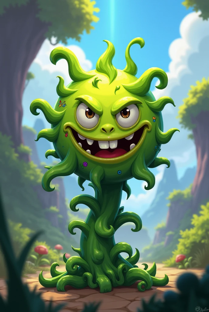 a green, monster pea, with a terrifying face