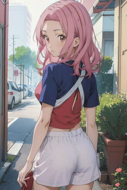 ((      best quality )), ((            masterpiece      )), (detailed), ((realistic)) ((anime)) Mimi Tachikawa with her back short pink hair and fitted clothes