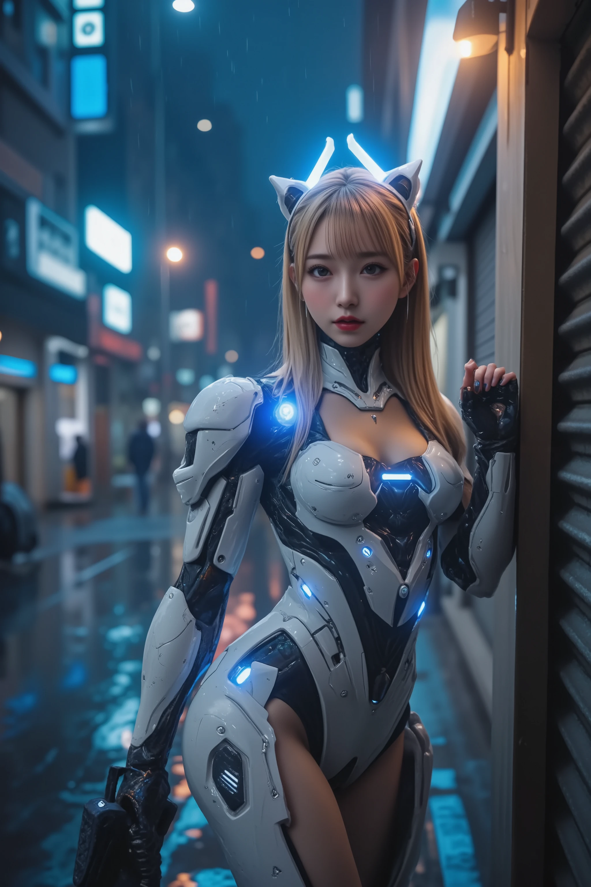 Woman covered in complex white cybernetics, Blue LED light, Combat Uniform,  clevis, high tech,  ultra high def , 32K, ( bikini cyborg robot parts), (  Details:1.4),  cyberpunk city background , Rainy Street,  beautiful face,  long golden hair,   Professional Lighting ,   masterpiece on penis ,  very delicate and beautiful,  professional photos