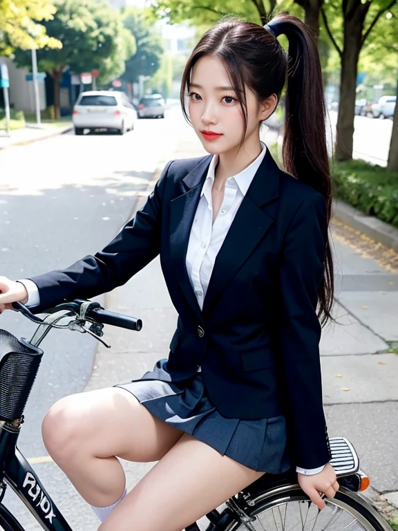 A young woman wearing a classic school uniform consisting of a crisp white blouse, a navy blue blazer, a pleated skirt, and knee-high socks, sitting gracefully on a bicycle. The bicycle is a simple city bike with a basket on the front. She is positioned outdoors on a sunny day, with a tree-lined street or a quiet park in the background. The wind gently lifts her hair and the hem of her skirt, adding a sense of motion and liveliness. Her expression is cheerful and slightly playful, exuding youthful energy, (High ponytail)