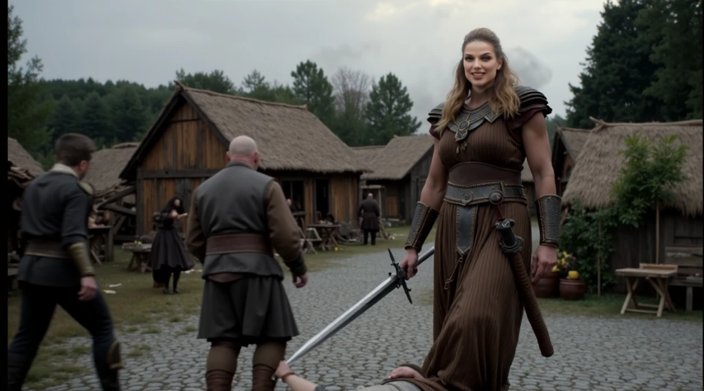 A viking woman, shiled maiden, viking hairstyle, large breast, tattoos on arm and legs, brown leather short viking dress, brave, sword in hand, viking shield in hand, masterpiece, hyper realistic, 4k, uhd. Katheryn Winnick, muscular thighs, left arm tattoo sleve, in action. 