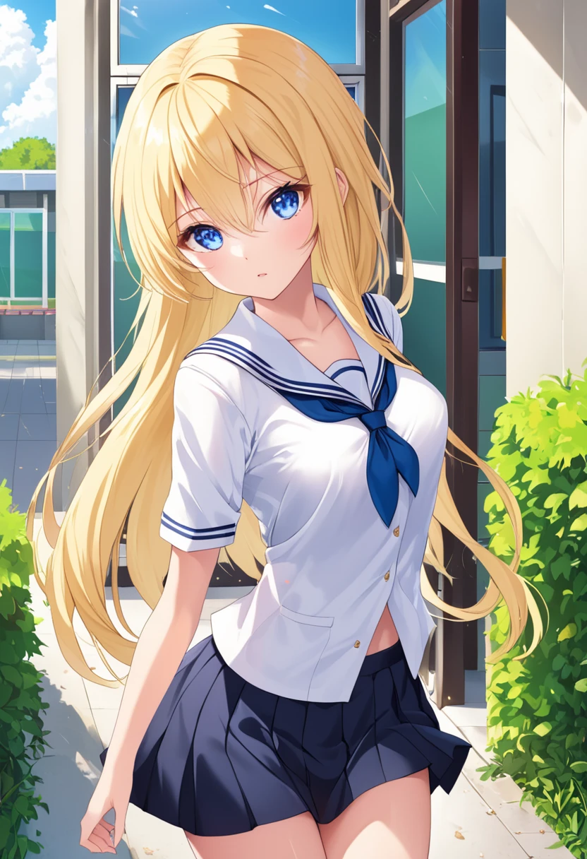 A beautiful girl with medium tits and blue eyes and blonde hair was walking in a school uniform