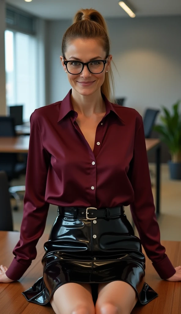 beautiful woman of 45 years old with blue eyes, blond with brown roots, hair in bun with tendrils, looking directly at the camera, very realistic, instagram selfie, closeup face ,in the office, red silk blouse,black  silk trousers, clothes tight against body, clothes too tight, film grain, fit muscular body, big breasts, full body shot, clothes too tight, seductive,  glasses