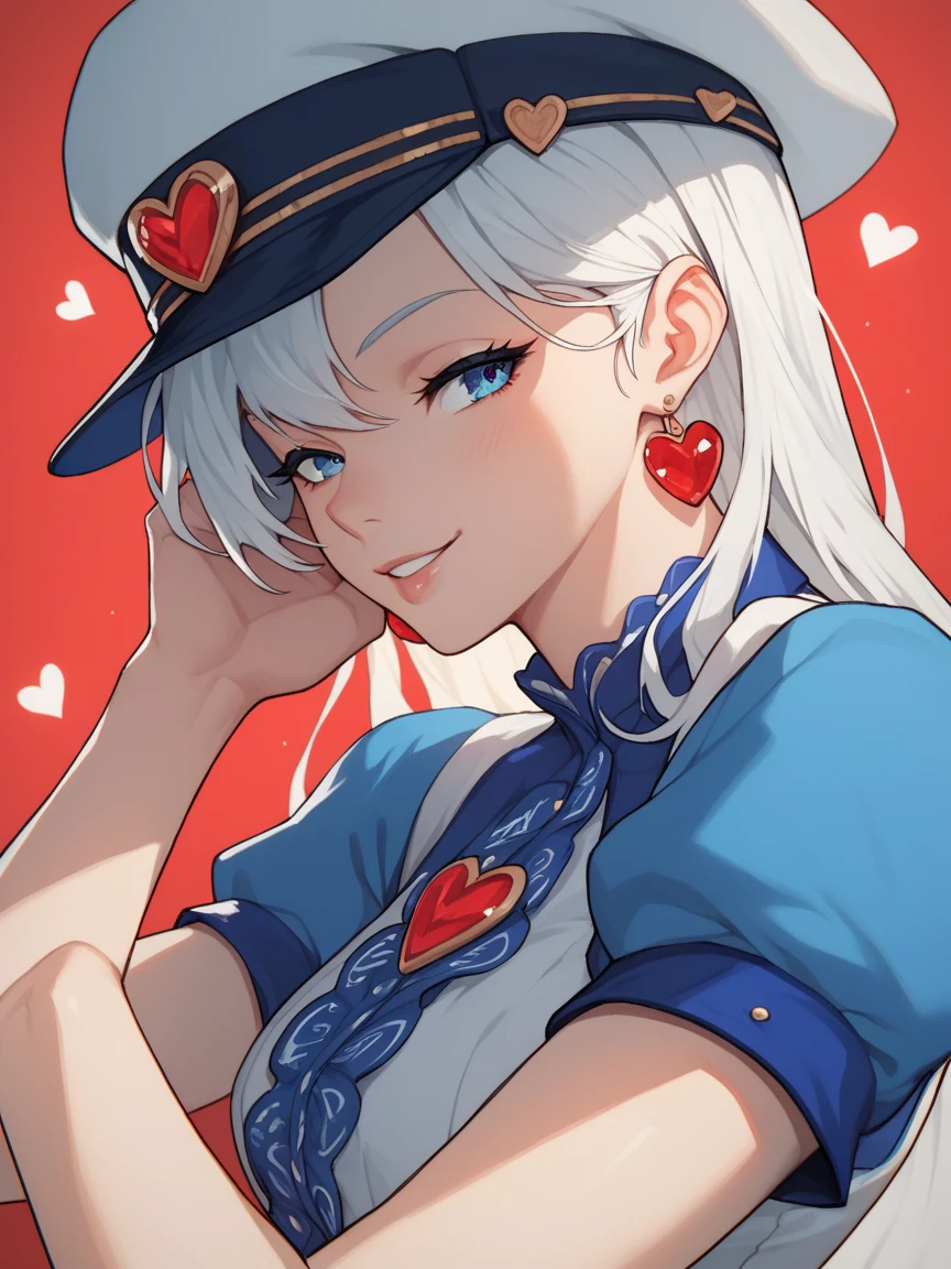 ((((Open your mouth))))、masterpiece,best quality,High resolution,8K, ultra detailed,bb Festival,((((( Captivating smile ))))),(((( Perfect Fingers )))) , Blonde, (Slicked back hair:1.2), amount, Long Hair, High Ponytail, (Red Beret:1.2), Blue scarf ,Blue compression shirt, Blue glasses, puppet , blue eyes, Highly detailed eyes, Blue sheath skirt, mini skirt, (Red and blue cloak:1.2) , Long Cloak, ,((Blowjob Gestures:1.5)),Open your mouth ,Sitting on bed,Heavy breathing ,Hand in front of your mouth,Squint your eyes、Sharp Eye、((steam,sweat、Vulgarity)),(Late Night:1.8, Dark lighting:1.6, dark:1.8, Spotlight)、Heart-shaped pupils, from above,nsfw,
