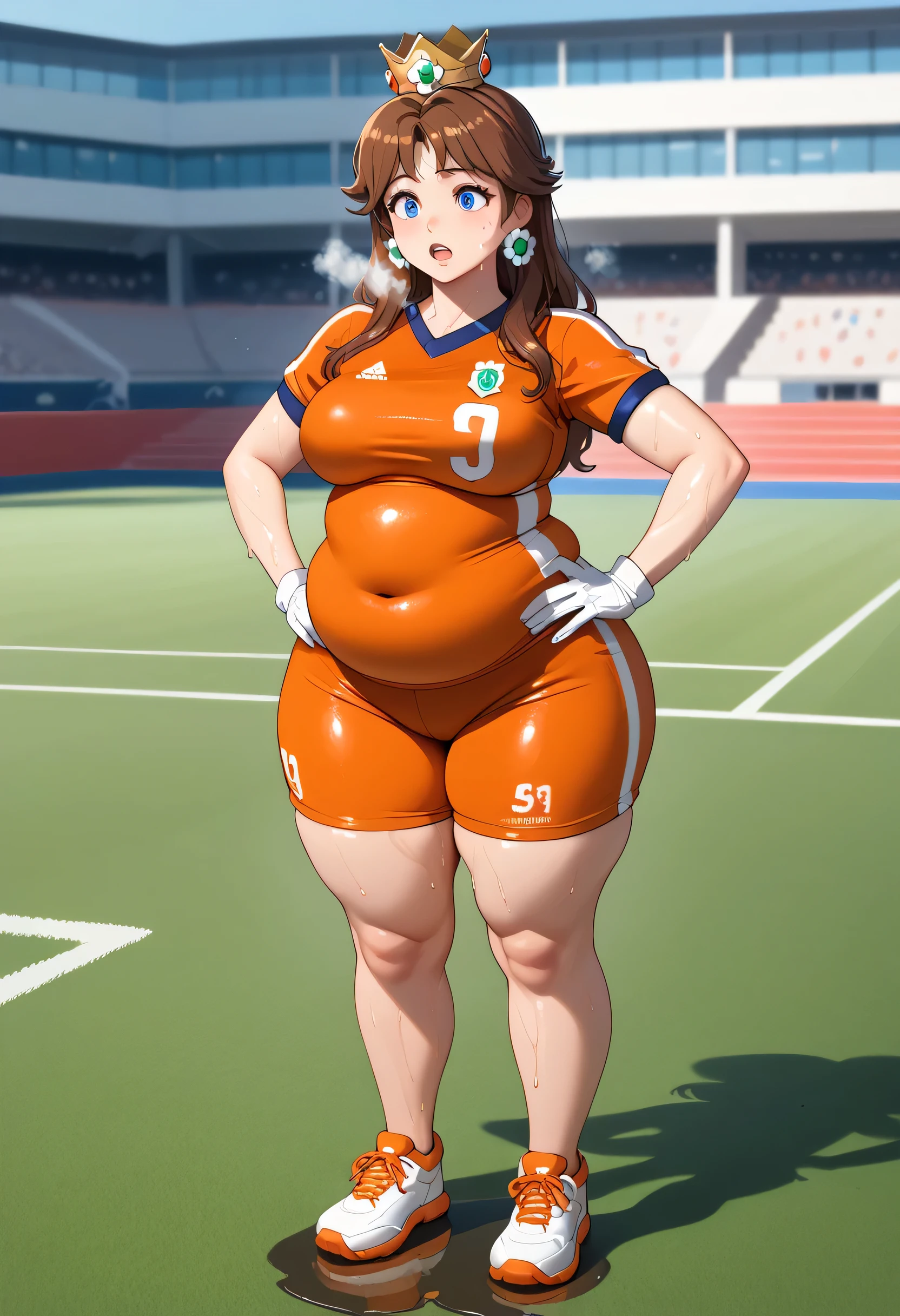 Daisy,brown hair,blue eyes,long hair,flower earrings,small crown, number 8 soccer uniform, short sleeves, white gloves, orange shorts, midriff, number 8, standing, sweaty, exhausted, hand on hips soccer field, science fiction, outdoors, (insanely detailed, masterpiece, best quality), sweating profusely, exhausted, breathing, open mouth, steam coming out of her mouth, tight red gym shorts, tight red gym tank top, hands on hips, dripping sweat, dripplits of sweat on the floor, puddle of sweat, thick, obese, soft belly, chubby, wide hips, sexy hips, full body, big belly, thicc thighs