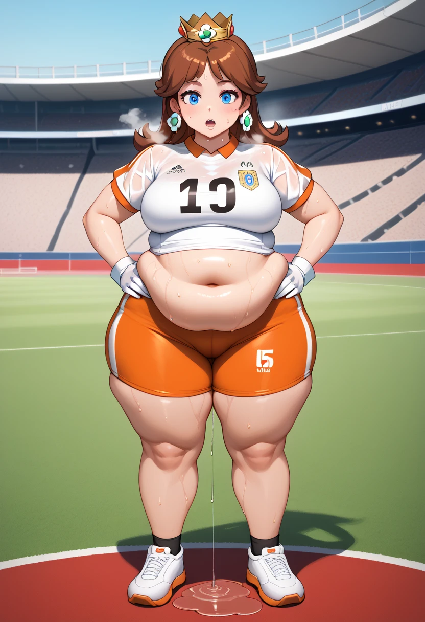 Daisy,brown hair,blue eyes,long hair,flower earrings,small crown, number 8 soccer uniform, short sleeves, short hair white gloves, orange shorts, midriff, number 8, standing, sweaty, exhausted, hand on hips soccer field, science fiction, outdoors, (insanely detailed, masterpiece, best quality), sweating profusely, exhausted, breathing, open mouth, steam coming out of her mouth, tight red gym shorts, tight red gym tank top, hands on hips, dripping sweat, dripplits of sweat on the floor, puddle of sweat, thick, obese, soft belly, chubby, wide hips, sexy hips, full body, big belly, thicc thighs