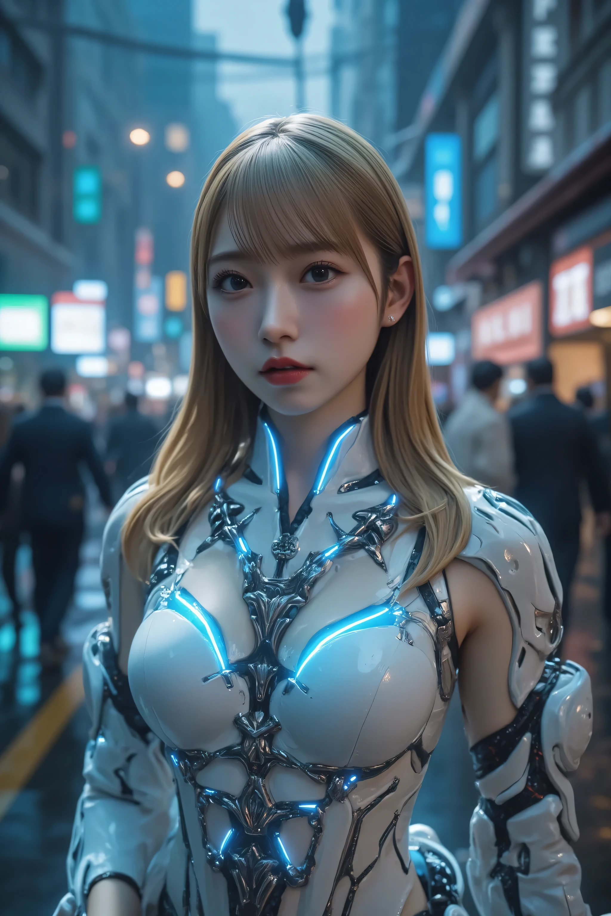 Woman covered in complex white cybernetics, Blue LED light, Combat Uniform,  clevis, high tech,  ultra high def , 32K, ( bikini cyborg robot parts), (  Details:1.4),  cyberpunk city background , Rainy Street,  beautiful face,  long golden hair,   Professional Lighting ,   masterpiece on penis ,  very delicate and beautiful,  professional photos