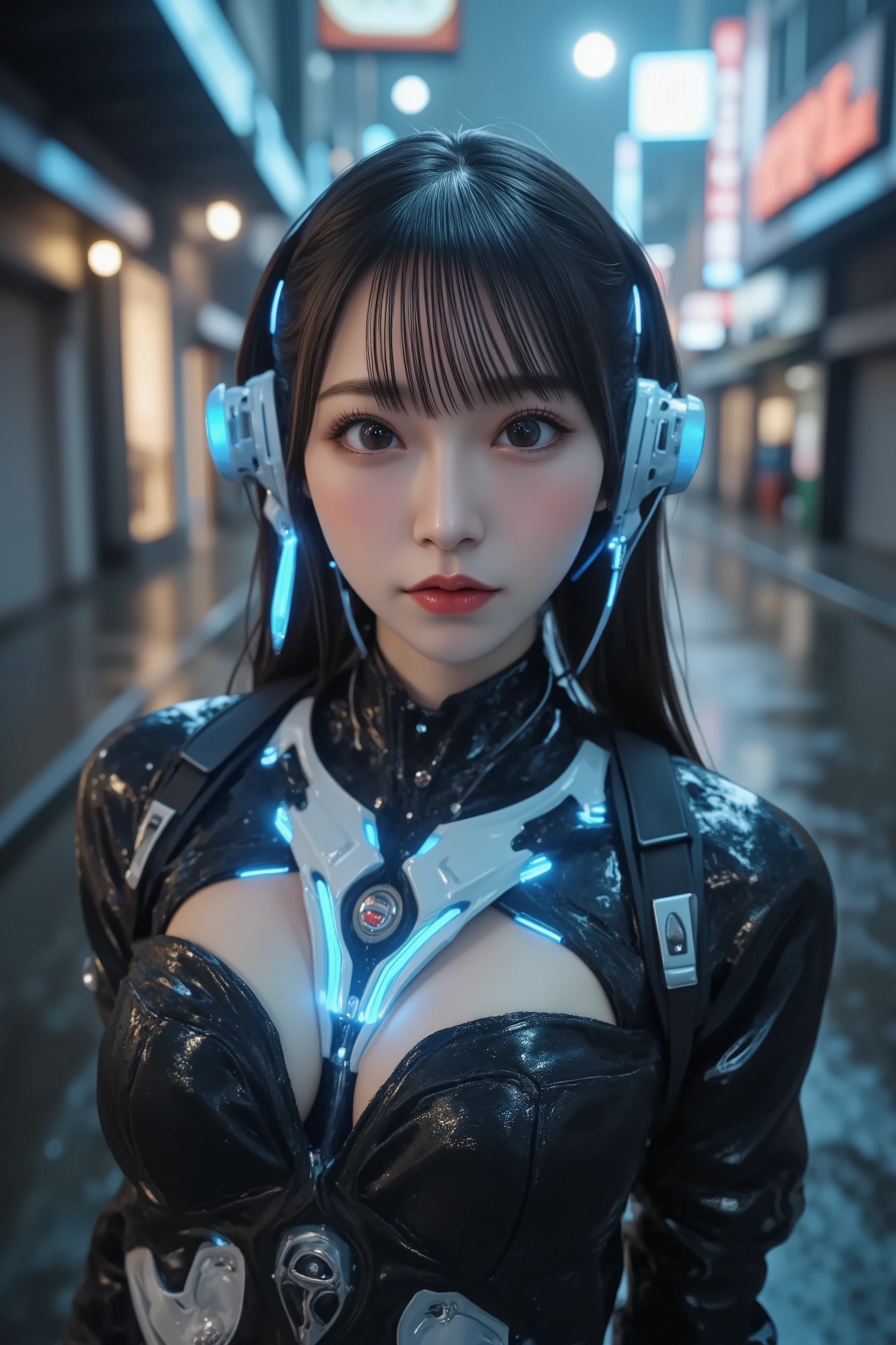 Woman covered in complex white cybernetics, Blue LED light, Combat Uniform,  clevis, high tech,  ultra high def , 32K, ( bikini cyborg robot parts), (  Details:1.4),  cyberpunk city background , Rainy Street,  beautiful face,  long golden hair,   Professional Lighting ,   masterpiece on penis ,  very delicate and beautiful,  professional photos