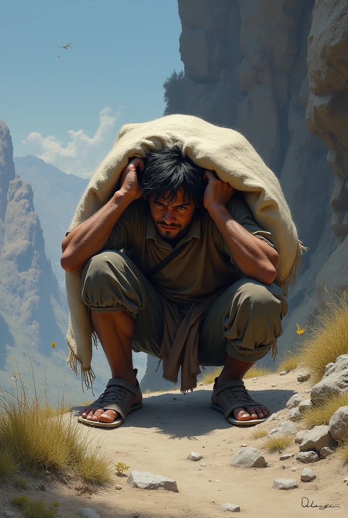 Cartoon of a man from biblical times lying on the ground. chains on your feet and hands. Fundo uma masmorra. Estilo dibujo animado disney