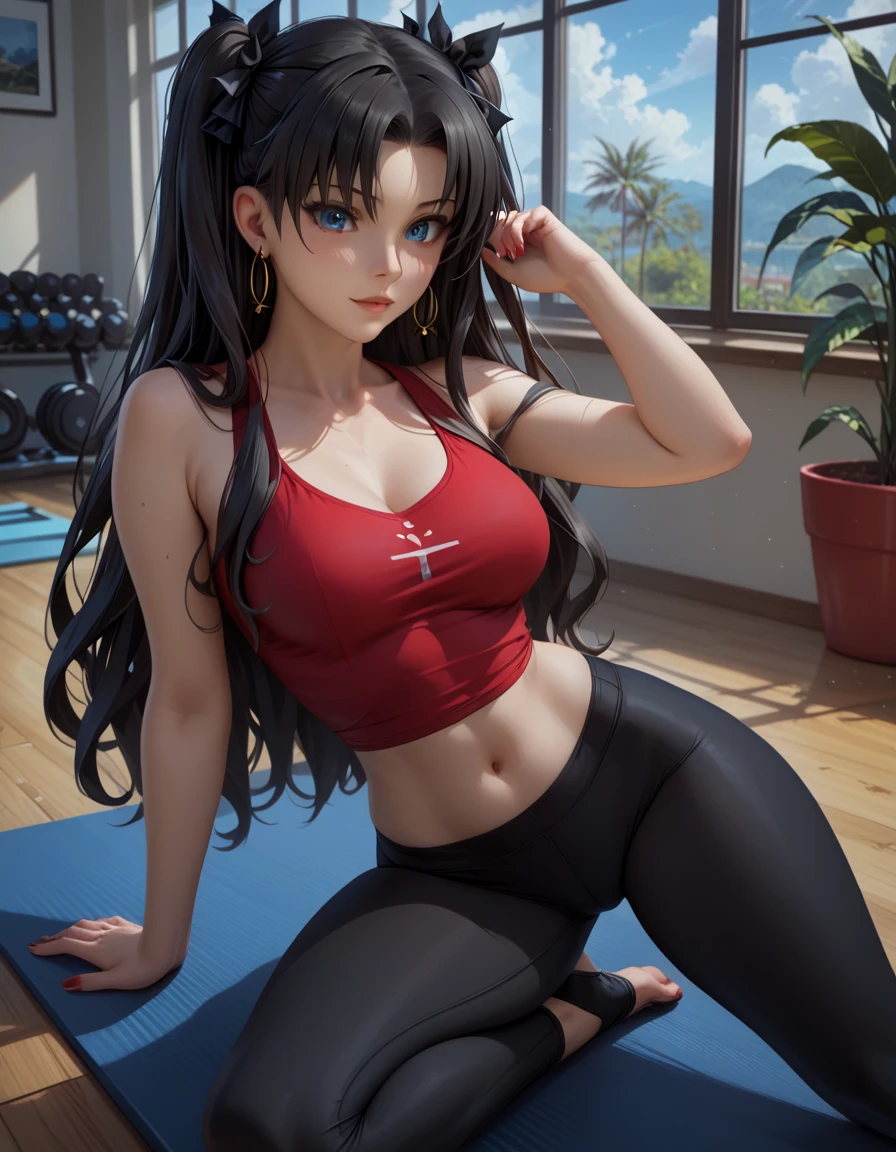 score_9, score_8_up, score_7_up, 1girl, solo, beautiful waifu, thicc, (Rin Tohsaka:1.2), wearing (black leggings:1.1), (red tshirt, tight, sleeveless, bare arms, navel:1.2), (mpose, sexy pose:1.2), detailed eye, detailed face, flirt, inside Japanese Minka, yoga mat, perfect proportions, lowlight.