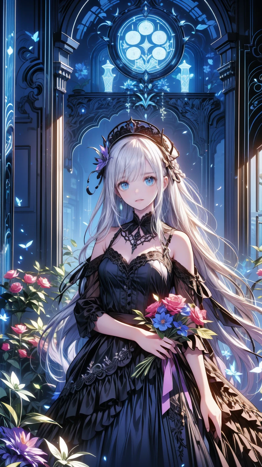 ネオゴススタイルの  girl, Wearing a black dress and a white collar, Wearing a black hat 、 with heavy makeup ,  she's standing in a mysterious garden  、Surrounded by vines  . The garden is full of dark purple flowers  .、Gothic architecture in the background。.  girl&#39;Iの髪は黒色、  her hair is long braided  .、  has red roses next to her  。. Her eyes are sharp、It&#39;stabbing.,  thick black eyeliner and red roses blooming next to long eyelashes  .  she has white skin .、Lips bright red.. The atmosphere is gloomy and eerie, Dim lighting casts long shadows.  This work is a combination of digital illustration and photography.., result、そのresult、Incredibly high resolution images。. Most colors are dark、I&#39;kind,  dark red and purple exude dark beauty ..  The overall style is neo-gothic  ., Horror,  Portrait Photo  ,  creates a unique and fascinating visual experience  .Dark Imagery
