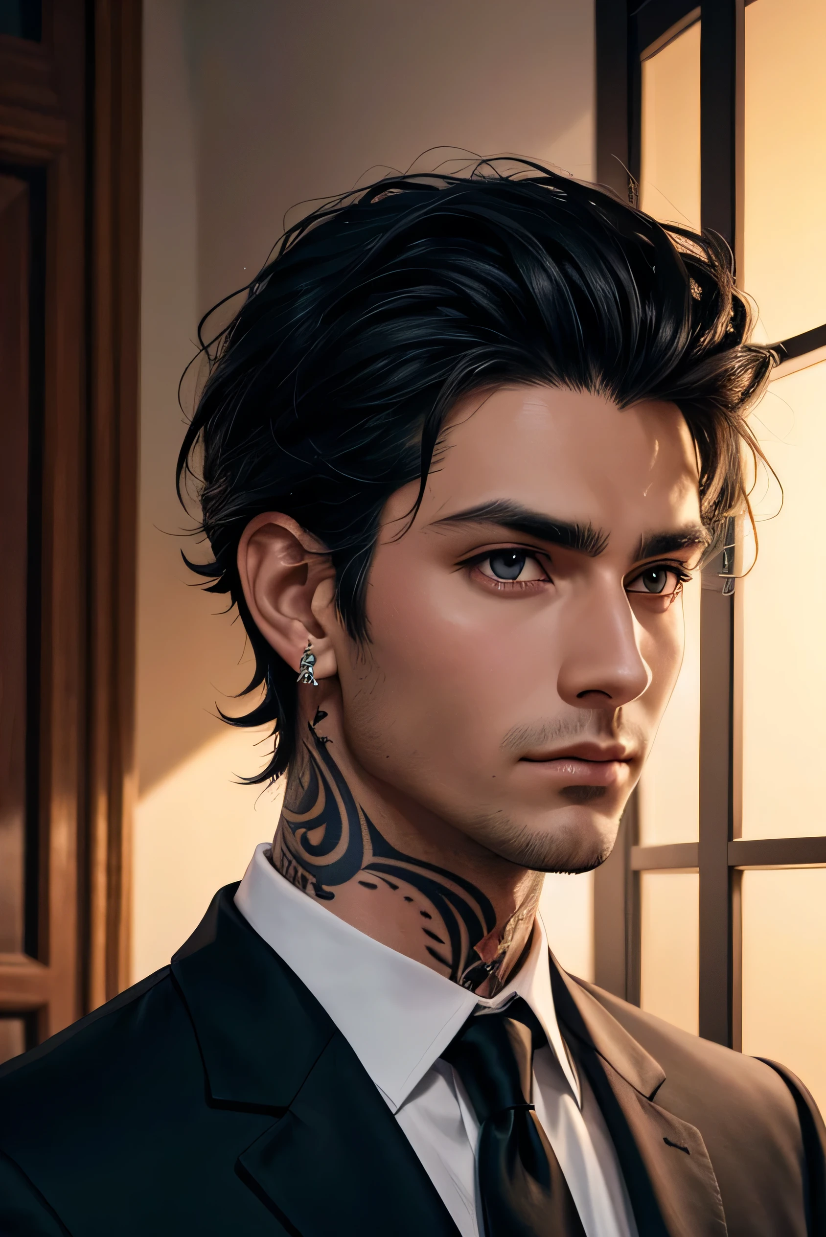 black formal wear, engraved standard preta, no beard, medium hair, deep eyes,  dark eyes,  black hair,  neck tattoo, tatuagem earring, earring, realistic anime