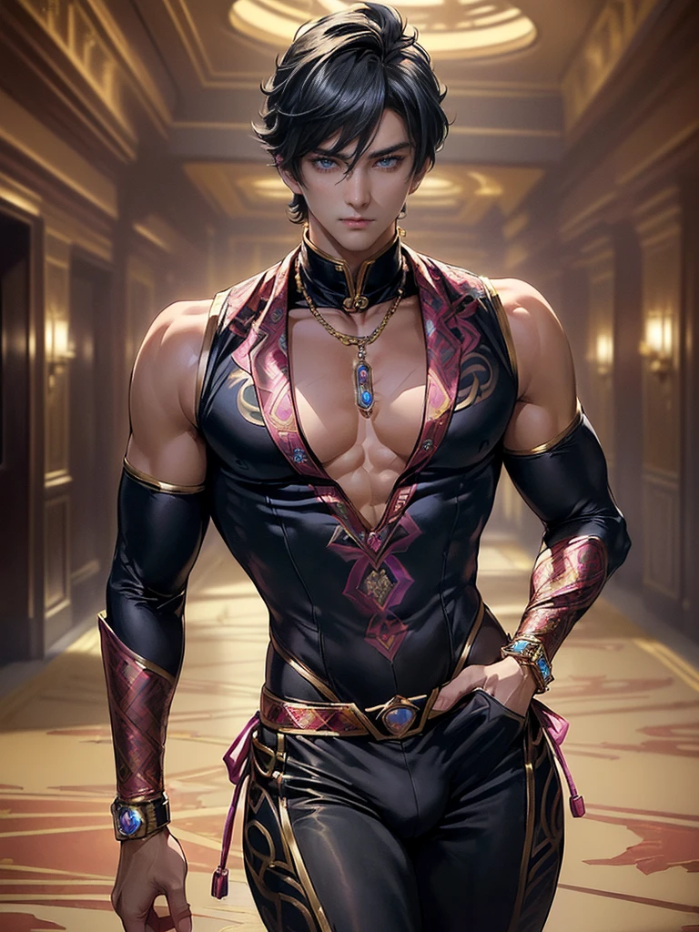 (masterpiece,best quality,ultra_detailed,highres,absurdres), (detailed shadow), (quality light), 1 (mature_male:2.0) (male_courtesan_super_sentai:1.6) (with bulge:1.6), 15-ish, (muscleale focus), (solo:1.9), short black Quiff hair with Soft Fringe (bangs part on side 3:7 ratio), blue_eyes (detailed eyes), androgynous young beautiful pretty cute elegant (male_courtesan_super_sentai) (in modern_luxury_jeweled_ornamented_patterned_colorful_male_velvet_silk_courtesan_super_sentai_outfit:1.9) is (walking on elite_modern_city_street:1.7), (eyelashes), (thigh_gap), pectorals, (wide_flat_chest, wide_shoulders:1.9), (big_wide_hips, big_wide_pelvis:1.8), (warm_smile:1.2), (thin_waist, dented_waist, waist_narrower_and_thinner_than_neck:1.8), (en_face, side_view:1.1), (swayback, curvy_waist, arched_back), short hair, looking at viewer, parted lips, ((PERFECT_FACE)), ((finely_detailed_beautiful_eyes_and_detailed_face)), (best_illumination, best_shadow, an_extremely_delicate_and_beautiful)