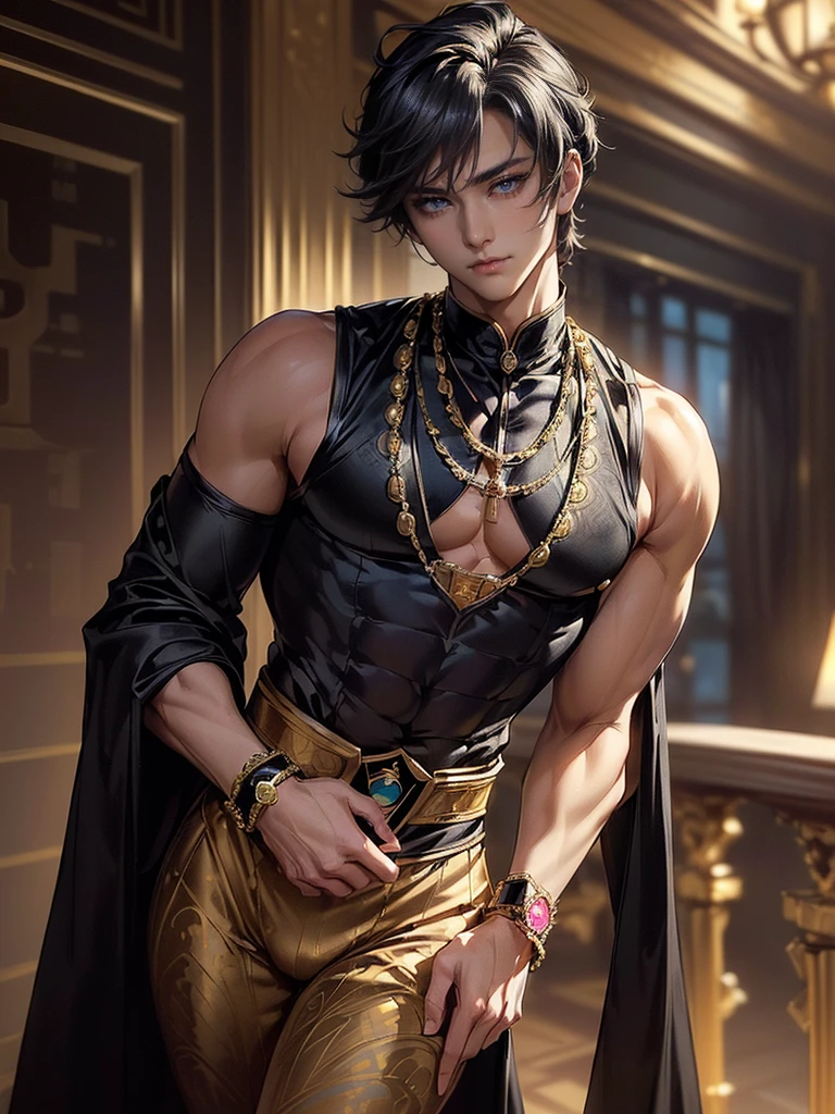 (masterpiece,best quality,ultra_detailed,highres,absurdres), (detailed shadow), (quality light), 1 (mature_male:2.0) (male_courtesan_super_sentai:1.6) (with bulge:1.6), 15-ish, (muscleale focus), (solo:1.9), short black Quiff hair with Soft Fringe (bangs part on side 3:7 ratio), blue_eyes (detailed eyes), androgynous young beautiful pretty cute elegant (male_courtesan_super_sentai) (in modern_luxury_jeweled_ornamented_patterned_colorful_male_velvet_silk_courtesan_super_sentai_outfit:1.9) is (walking on elite_modern_city_street:1.7), (eyelashes), (thigh_gap), pectorals, (wide_flat_chest, wide_shoulders:1.9), (big_wide_hips, big_wide_pelvis:1.8), (warm_smile:1.2), (thin_waist, dented_waist, waist_narrower_and_thinner_than_neck:1.8), (en_face, side_view:1.1), (swayback, curvy_waist, arched_back), short hair, looking at viewer, parted lips, ((PERFECT_FACE)), ((finely_detailed_beautiful_eyes_and_detailed_face)), (best_illumination, best_shadow, an_extremely_delicate_and_beautiful)