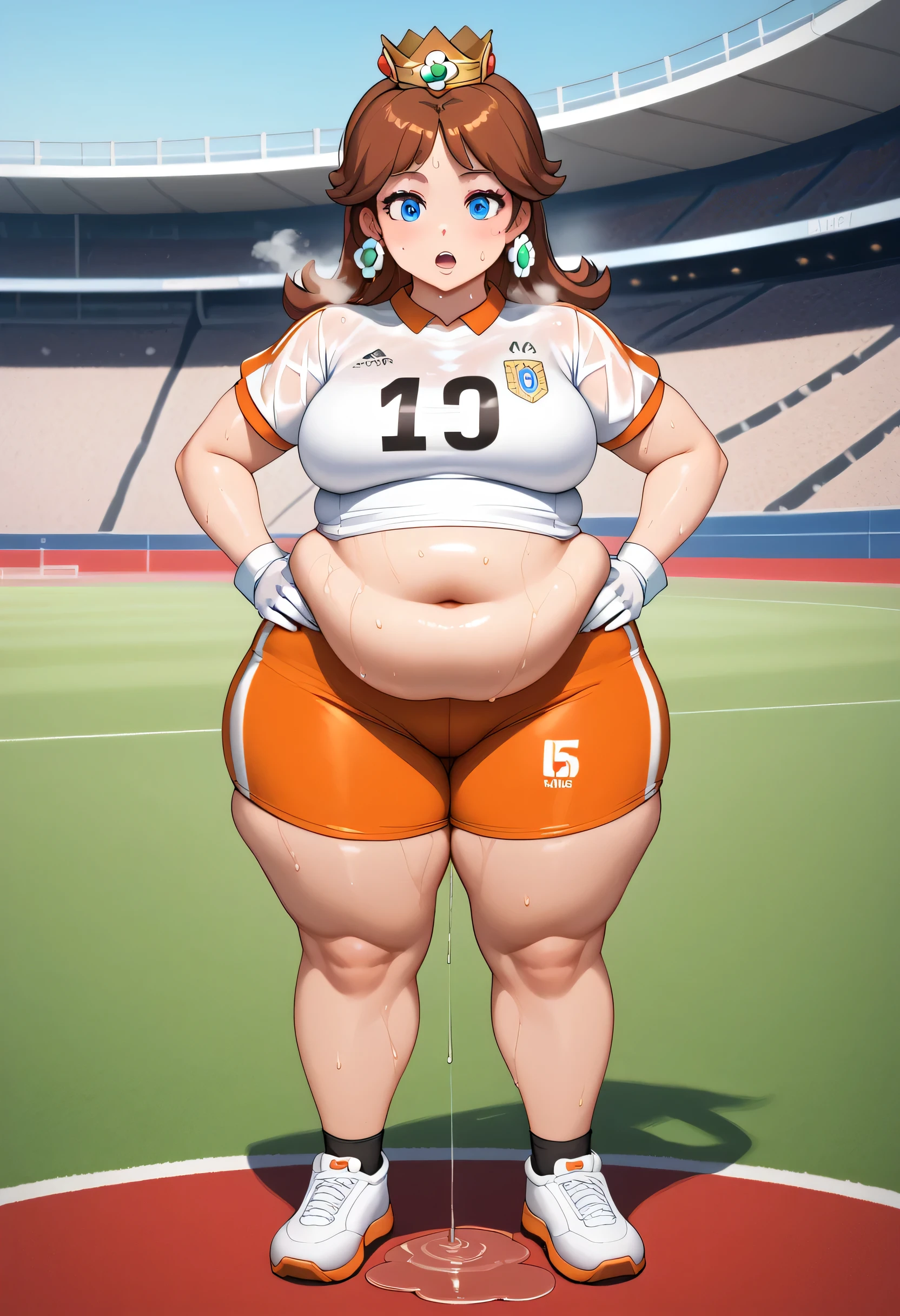 Daisy,brown hair,blue eyes,long hair,flower earrings,small crown, number 8 soccer uniform, short sleeves, short hair white gloves, orange shorts, midriff, number 8, standing, sweaty, exhausted, hand on hips soccer field, science fiction, outdoors, (insanely detailed, masterpiece, best quality), sweating profusely, exhausted, breathing, open mouth, steam coming out of her mouth, tight red gym shorts, tight red gym tank top, hands on hips, dripping sweat, dripplits of sweat on the floor, puddle of sweat, thick, obese, soft belly, chubby, wide hips, sexy hips, full body, big belly, thicc thighs