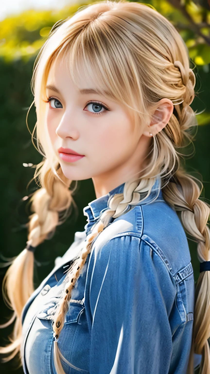Sexy Big 、Sexy cute looks and cute 15 year old beautiful girl, beautiful and sexy face、A strong wind blows my hair in front of my face、beautiful long blonde French braided hair、beautiful, Cute and sexy eyes hidden behind long bangs