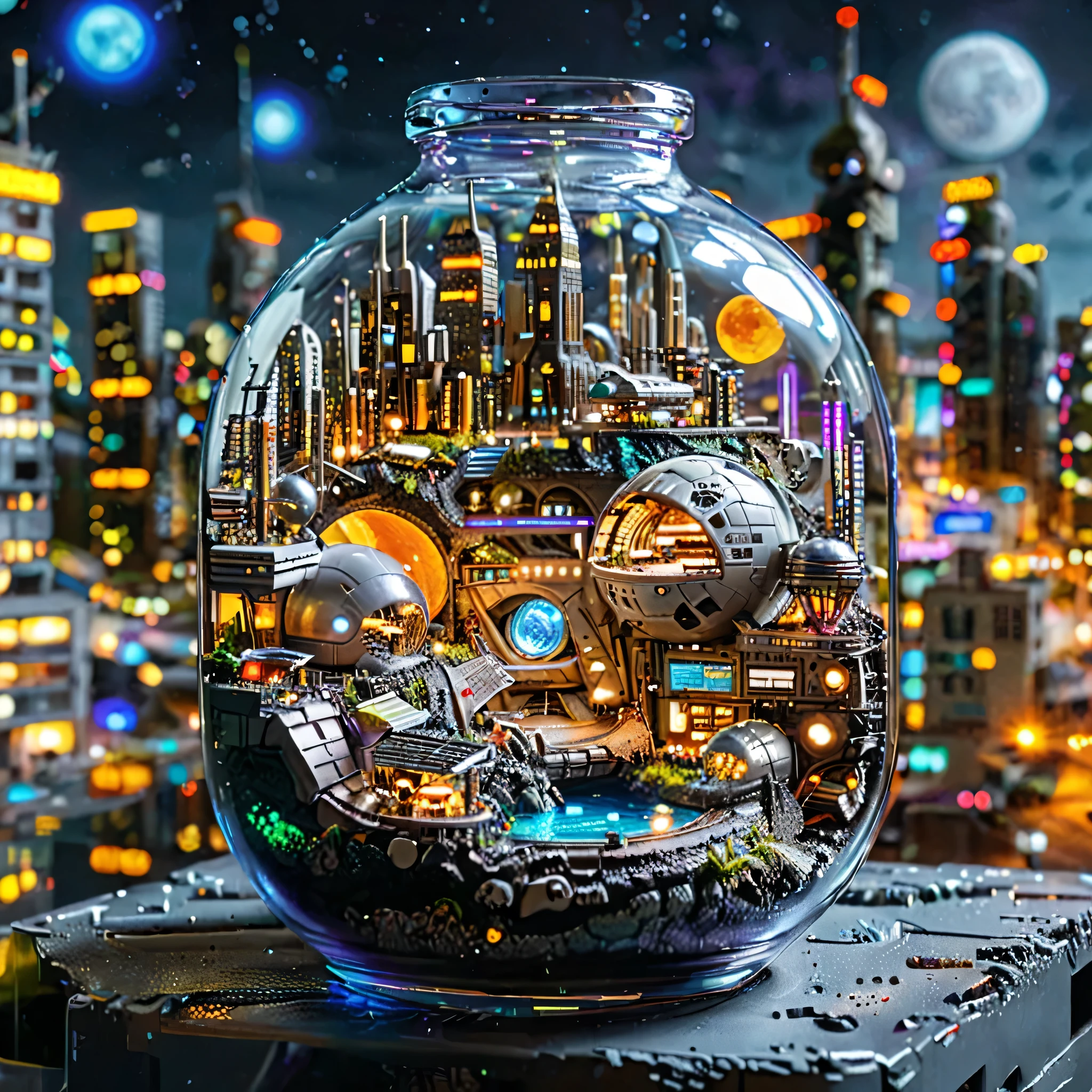 photograph tilt-shift , ( masterpiece , top quality, best quality), ( Ultra-detailed, absolute resolution ), ((16k, High resolution )). ( Futuristic lunar city ). The city is located in craters of the Moon , surrounded by transparent domes that protect the inhabitants. The buildings have a minimalist design , with blue and purple neon lights . Small spaceships hover over the lunar surface , while autonomous robots roam the streets . In addition to the city , it is possible to see the Earth shining on the horizon , surrounded by stars . The atmosphere must be peaceful, futuristic and full of possibilities , showing a habitable world beyond planet Earth .