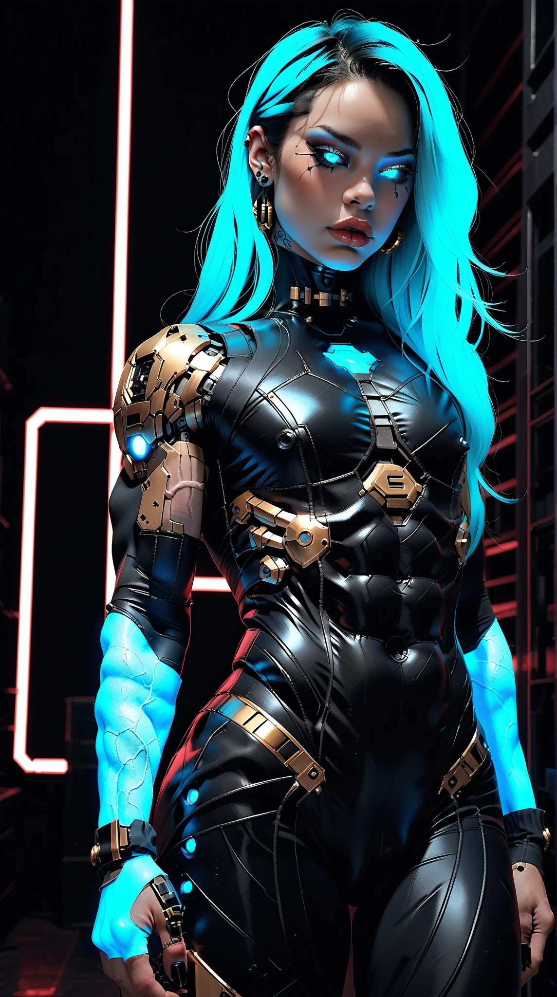 (nsfw:1), (Uncensored:1), score_9, score_8_up, score_7_up, (three quarters Shot), (1 girl), (asian), beautiful teenage (skinny) muscular goth cyborg girl, (full Cybernetic bodysuit:1.5), (black sclera:1.5), (blue glowing eyes:1.5), (blue glowing body veins:1.5), (flat chest:1.25), (blue glowing hair:1.25), (beautiful face:1.25), (bodybuilder femboy physique:1.25), (skinny long legs:0.75), (intricate gold filigree:1.5), bimbo lips, cowboy shot, cybernetic, mechanoid body parts, exposed cables and circuits, neon lights, gothic neon style, cyber punk style, super realistic image, beautiful digital paint , hyper Realistic illustrations, ImgFixerPre0.3