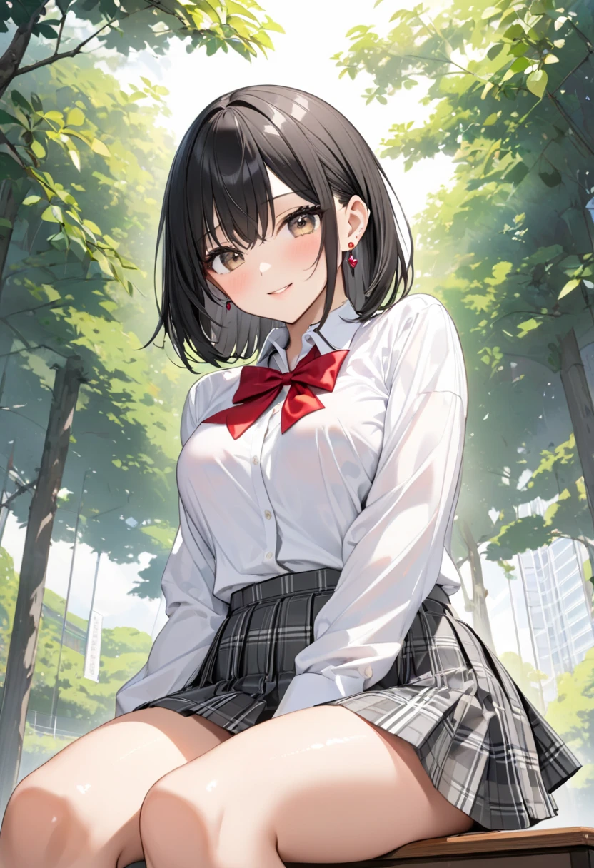 Anime style, Super accurate illustrations, Very detailed, beautiful, 8K,1 Lovely girl,(Lovely:1.3),Black Hair,Short straight bangs, Smile,Red Eyes, fashionable, fashionable clothes,(Spotted sunlight:1.2),Vague,(Written border depth:1.1),Tilting your head,mini skirt,｛Uniforms｝,(whole body:1.3),squat，Transparent chest，Big breasts