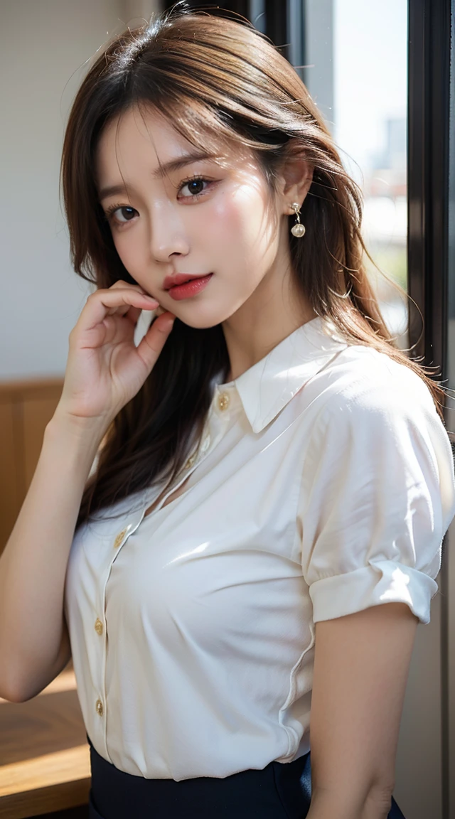 (Buttons that match the length of the shirt:1.2)、(White short-sleeved collared shirt)、(Unbuttoned shirt:1.1)、Shapely breasts、Deep valley、highest quality、masterpiece、Awareness-raising、Very delicate and beautiful、Very detailed、CG、Unity、8k wallpaper、Amazing、In detail、HVery detailed CG Unity 8k wallpapers、Large file size、Very detailed、High resolution、Handsome detailed woman、Very detailed目と顔、 Stunning eye for detail、Facial Light、(The best Awareness-raisingns:1.1)、(Best Shadow:1.1)、超A high resolution、(Photorealistic:1.1)、(Photorealistic 1.2:1.1)、Realistic Face Proportions、Slime-ified、Laughter、(compensate:0.4)、(fluffy Iris:1.21)、Iris、Look at the viewers、Dark brown hair、Earrings、necklace、(Irregular skin imperfections、vein、Wrinkled pores on skin:1.2)、(Dark Night Background: 1.2)、(Bokeh Depth of Field:1.4)、