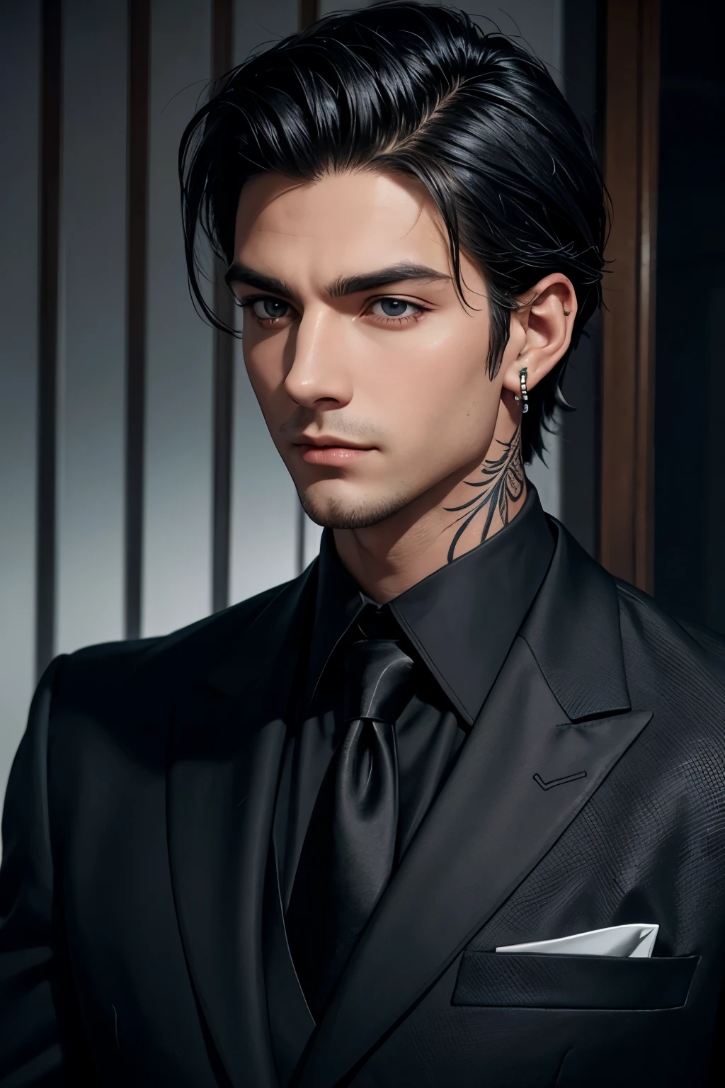 black formal wear, engraved standard preta, no beard, medium hair, deep eyes,  dark eyes,  black hair,  neck tattoo, tatuagem earring, earring, realistic anime