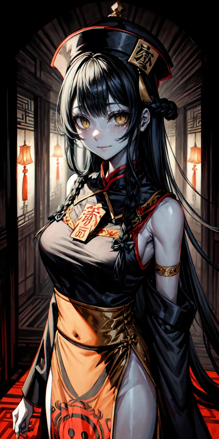 lora:flat:-1.2, masterpiece, best quality, 4k, 8k, 1 woman, solo, pale skin, tall stature, long hair, blunt bangs, side braid, black hair, ugly face, bad face, bad eyes, droopy eyes, unclear eyes, ruby red eyes, lemon yellow eyes, pale skin, black eyeliner, black eye shadow, heterochromia, slender frame, frightened, ofuda, jiangshi costume:1.2, sheath long skirt, China dress, fang, horror, coffin, forest, dark night, stormy weather, fog, from front, cowboy shot, look at viewer, paw pose,