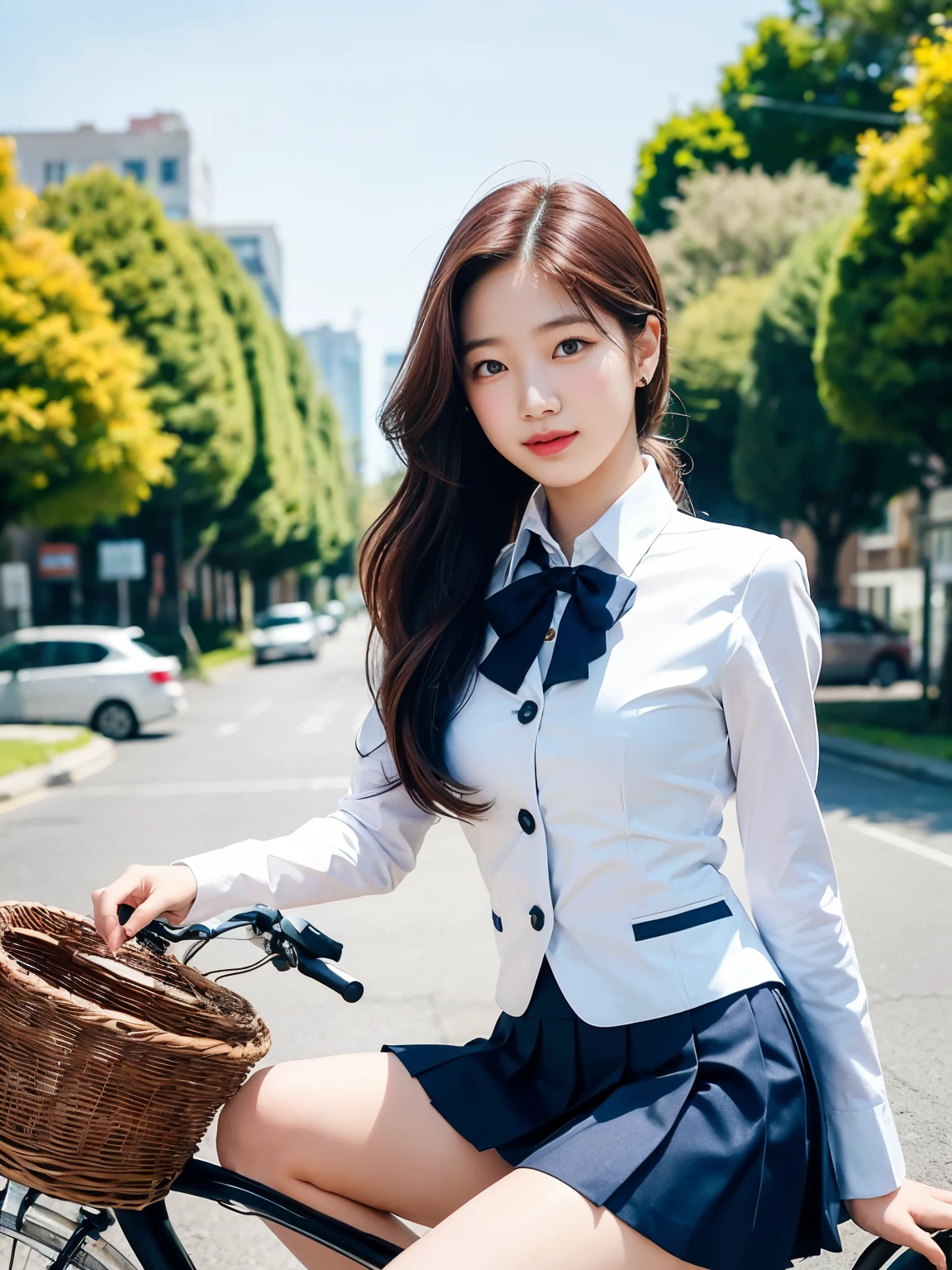 A young woman wearing a classic school uniform consisting of a crisp white blouse, a navy blue blazer, a pleated skirt, and knee-high socks, sitting gracefully on a bicycle. The bicycle is a simple city bike with a basket on the front. She is positioned outdoors on a sunny day, with a tree-lined street or a quiet park in the background. The wind gently lifts her hair and the hem of her skirt, adding a sense of motion and liveliness. Her expression is cheerful and slightly playful, exuding youthful energy, (High ponytail)