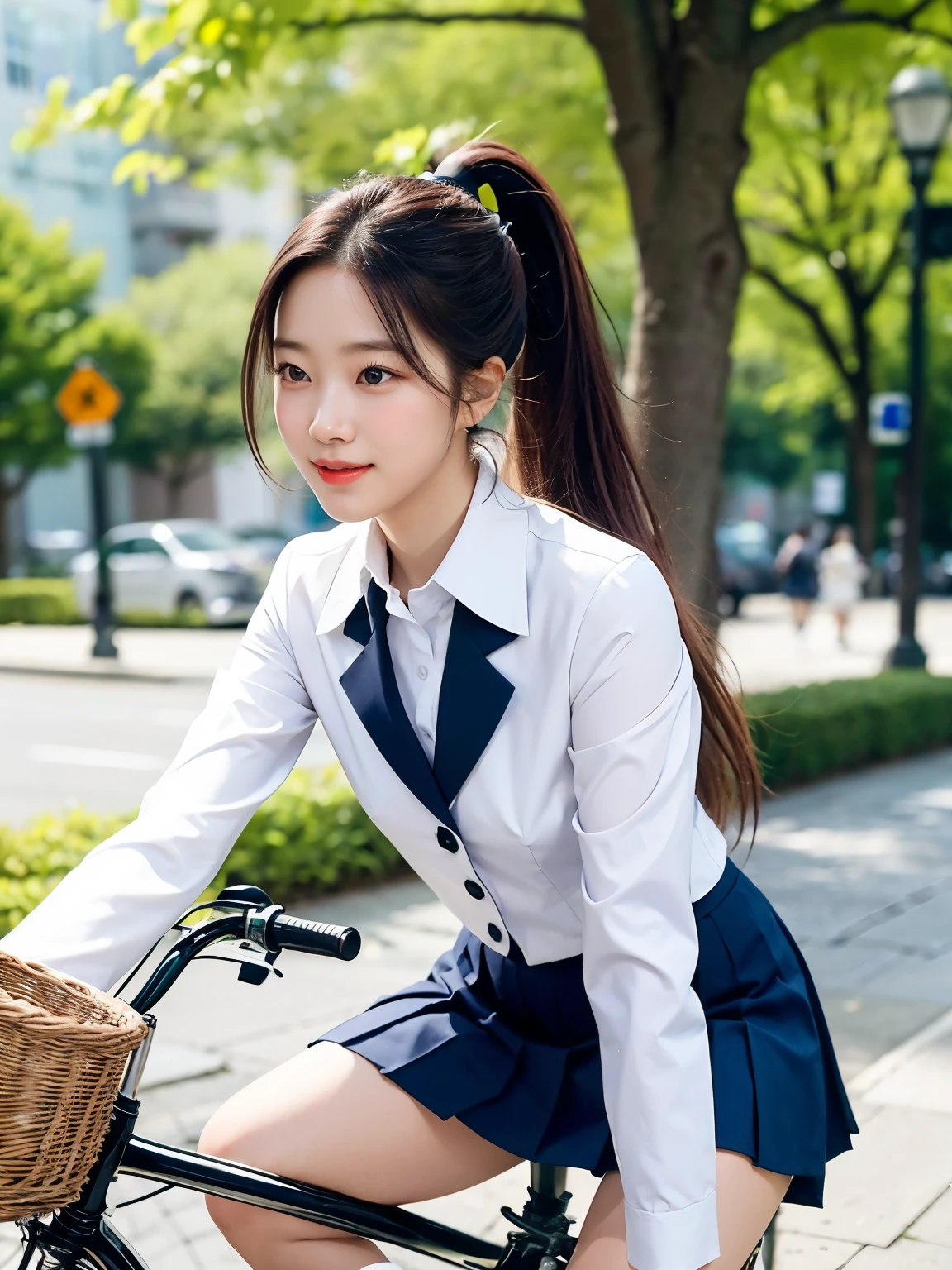 A young woman wearing a classic school uniform consisting of a crisp white blouse, a navy blue blazer, a pleated skirt, and knee-high socks, sitting gracefully on a bicycle. The bicycle is a simple city bike with a basket on the front. She is positioned outdoors on a sunny day, with a tree-lined street or a quiet park in the background. The wind gently lifts her hair and the hem of her skirt, adding a sense of motion and liveliness. Her expression is cheerful and slightly playful, exuding youthful energy, (High ponytail)