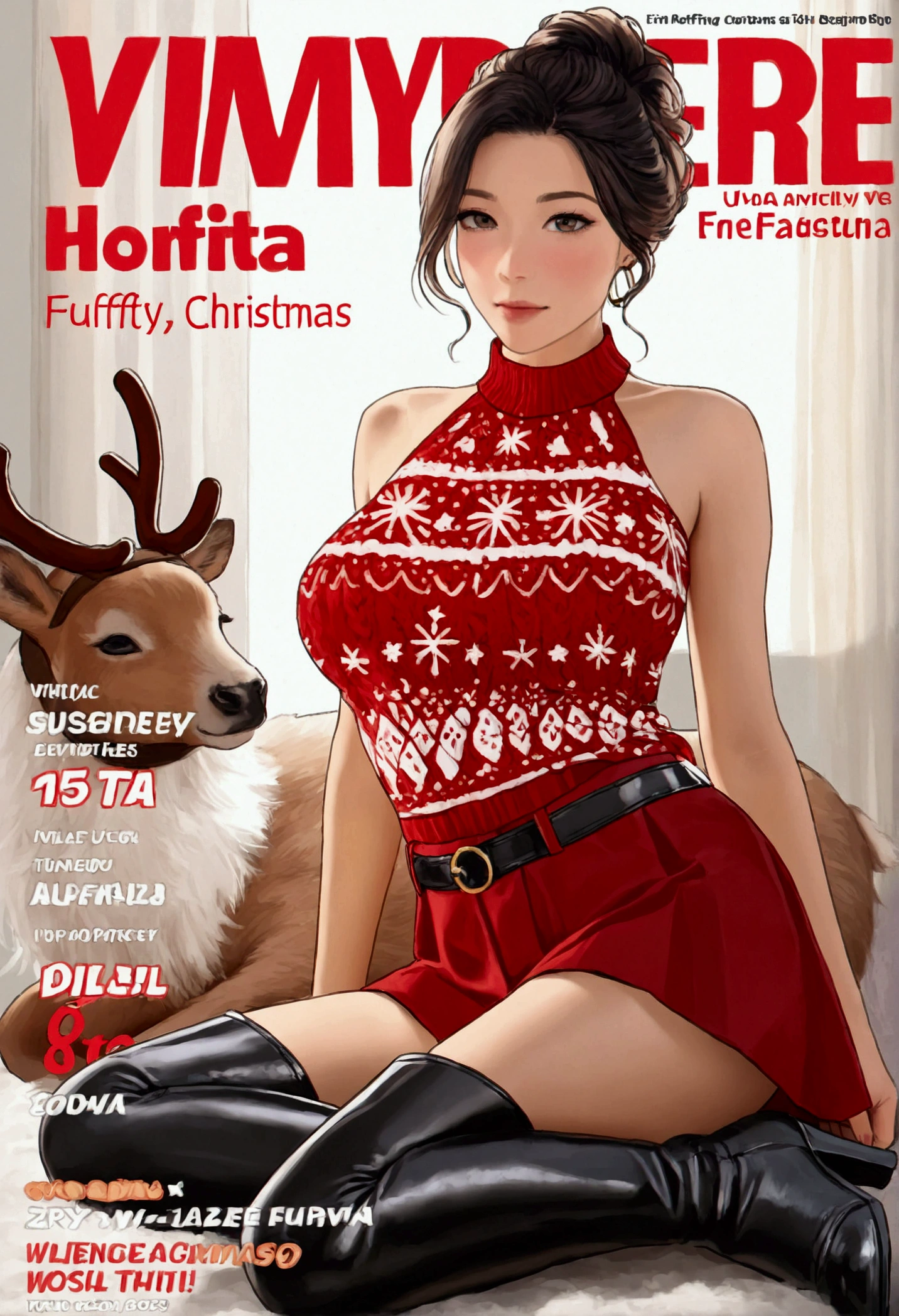 ela_(rainbow_six_siege), masterpiece, best quality, 1girl, green hair, cuerpo completo , grandes tetas, gran trasero, voluptuoso, piernas abiertas , pose sexy , escote , Christmas hat , Christmas Clothes, nieve , christmas lingerie, christmas coat , christmas stockings , christmas heels