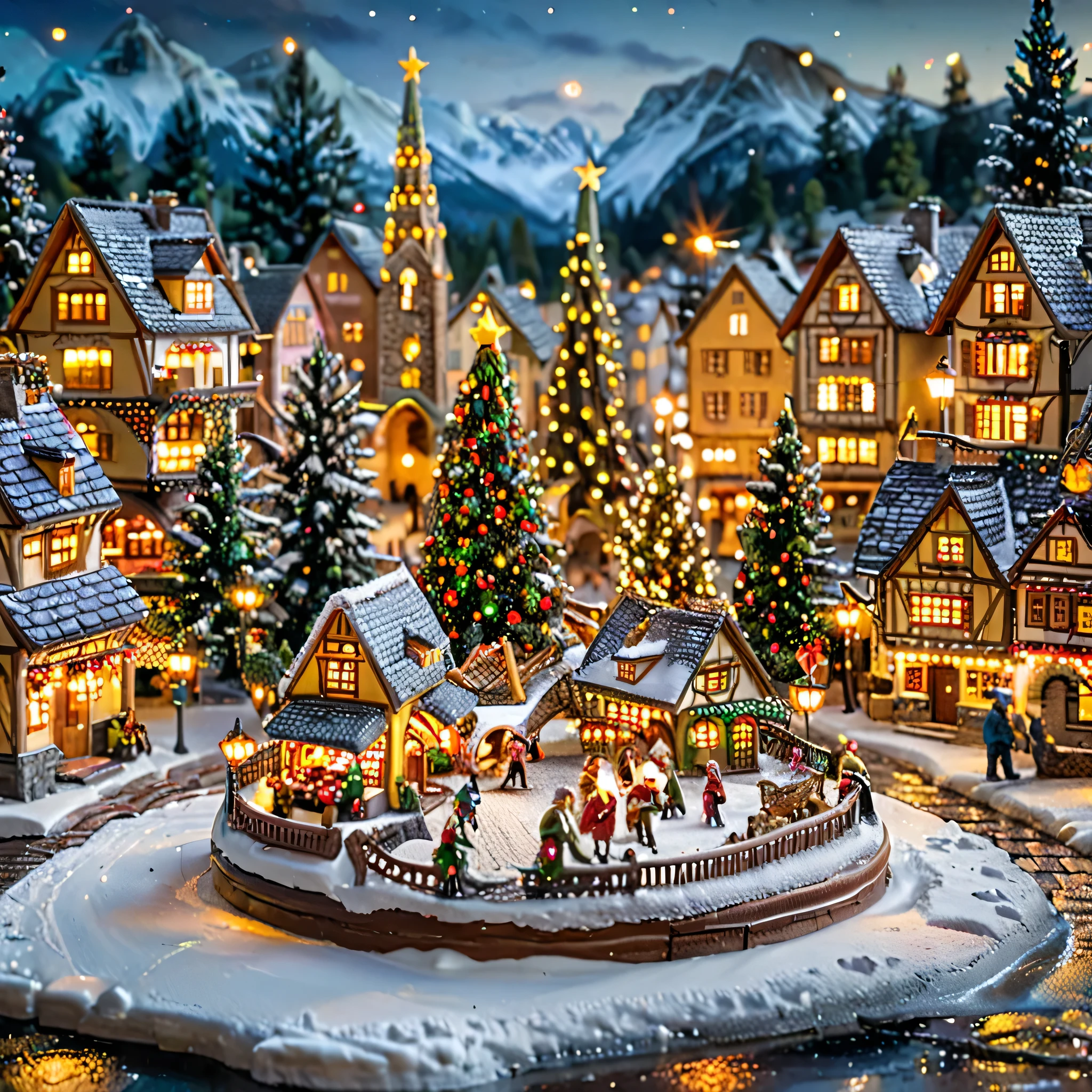 Tilt-shift photography, (masterpiece, superior quality, best quality), (ultra-detailed, absolute resolution), ((16k, high resolution)). (City covered in snow in honor of Christmas). The city is located in a valley surrounded by snow-capped mountains, with every roof of the houses and buildings shining with colorful Christmas lights. The streets are lit by lampposts decorated with garlands and golden bells, while people walk dressed in winter clothes, carrying gifts and smiling. A large, majestic Christmas tree stands in the central square, decorated with glittering baubles and a golden star at the top. Christmas markets are dotted around, offering treats, hot chocolates and crafts. Decorated sleighs drawn by horses and reindeer are reborn as they roam the grounds, while snowflakes slowly fall from the sky. The sky is an icy blue with northern lights dancing in the background, creating a magical, warm atmosphere full of Christmas spirit.