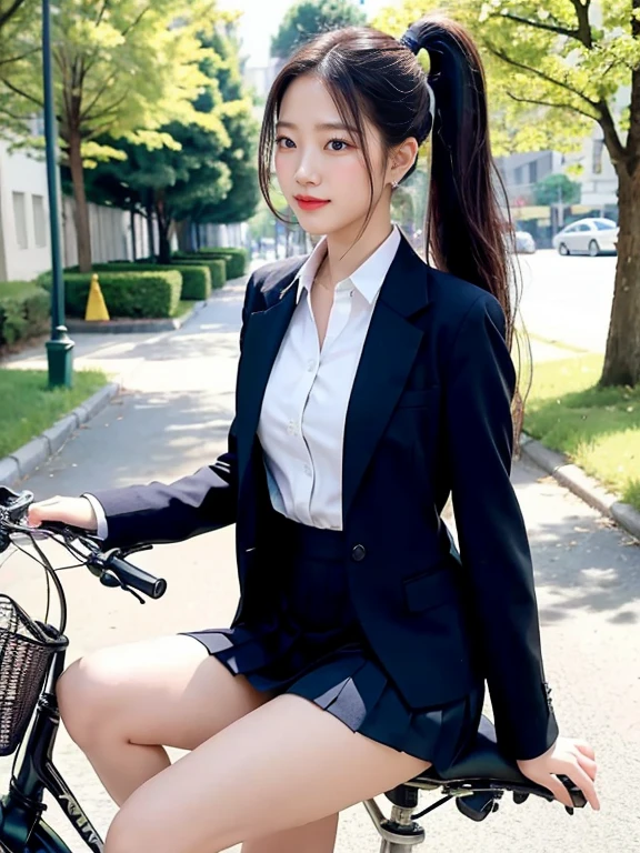 A young woman wearing a classic school uniform consisting of a crisp white blouse, a navy blue blazer, a pleated skirt, and knee-high socks, sitting gracefully on a bicycle. The bicycle is a simple city bike with a basket on the front. She is positioned outdoors on a sunny day, with a tree-lined street or a quiet park in the background. The wind gently lifts her hair and the hem of her skirt, adding a sense of motion and liveliness. Her expression is cheerful and slightly playful, exuding youthful energy, (High ponytail)