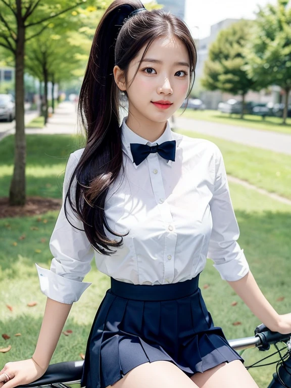 A young woman wearing a classic school uniform consisting of a crisp white blouse, a navy blue blazer, a pleated skirt, and knee-high socks, sitting gracefully on a bicycle. The bicycle is a simple city bike with a basket on the front. She is positioned outdoors on a sunny day, with a tree-lined street or a quiet park in the background. The wind gently lifts her hair and the hem of her skirt, adding a sense of motion and liveliness. Her expression is cheerful and slightly playful, exuding youthful energy, (High ponytail)