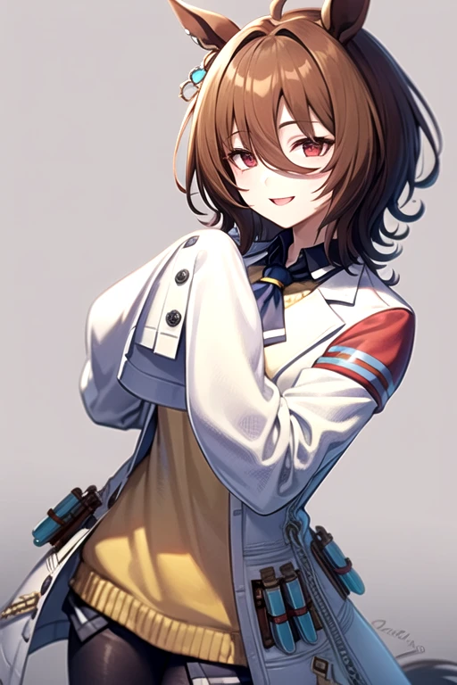  Agnes Tachyon 、Horse Girl、One person、 girl、Horse ears、Horse tail、 earring on one side 、Red eyes、 lines in eyes 、 shorthair、 brown hair 、Jacket、（White coat:1.2)、(bigger sleeve than wrist :1.1)、 yellow big sweater、 ties、 black pantyhose 、Stray hair、best qualty,evil smile、slender 