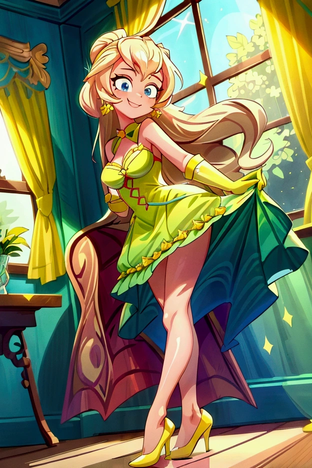 (masterpiece, best quality), 1girl, red and green frill dress, blonde long hair, blue eyes, standing, indoor, intricate detail, sunlight,  green high heel shoes, yellow gloves, earrings, smile, sexy pose, coquette, gorgeous legs, mature woman body, lovely, gorgeous body, pronounced breasts