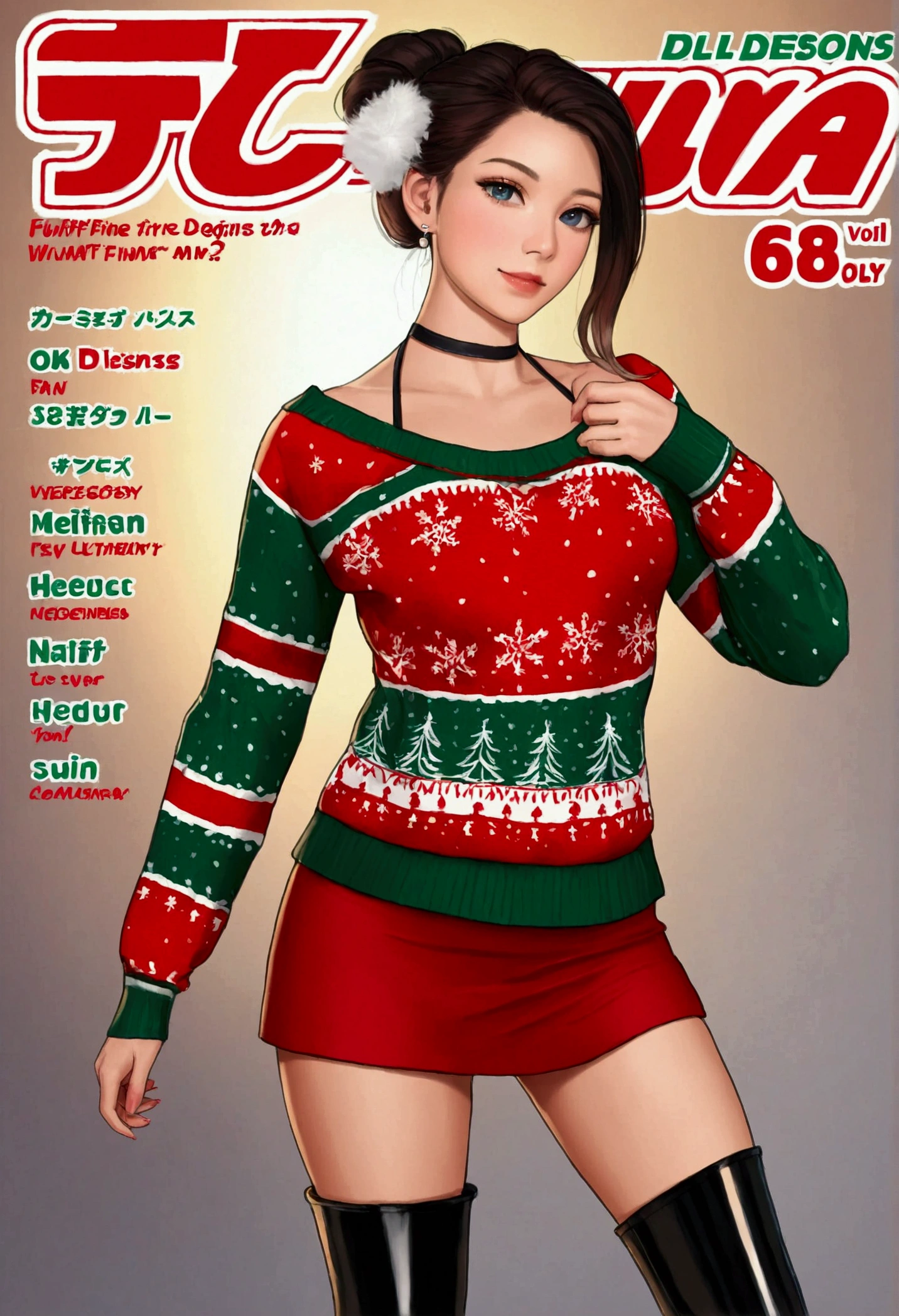 A cute woman, 20 years old, hair up in a fancy style, wearing a leather miniskirt with light up reindeer on the hips, a fluffy white halter top Christmas decorated sweater, and hard leather boots with light up Christmas designs, sassy diva poses, magazine cover, detailed facial features, ultra detailed, 8k, photorealistic, cinematic lighting, vibrant colors, fantasy, digital art
