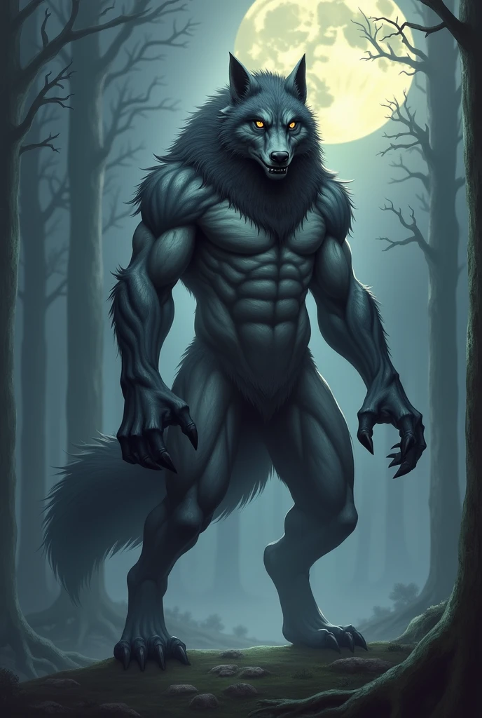 Alpha fenrir 14 foot tall, werewolf , smirking, no shoes,, light blue eyes, muscular built, abs, furry, grey and black fur, ght, full moon, werewolf, tail, attractive pose, fucking