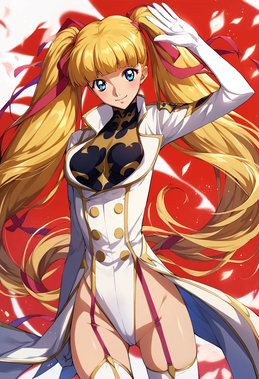 score_9, score_8_up, score_7_up, score_6_up, score_5_up, score_4_up, rating_questionable, , source_anime, digital illustration, pixiv, fanbox, uncensored, , BREAK, official art, 1girl, solo, female, monica kruszewski, blonde hair, blue eyes, hair ribbon, medium breasts, twintails, ribbon, military uniform, leotard, highleg leotard, garter straps, thighhighs, gloves, waving, outdoors, light smile, blush, cowboy shot, looking at viewer,
