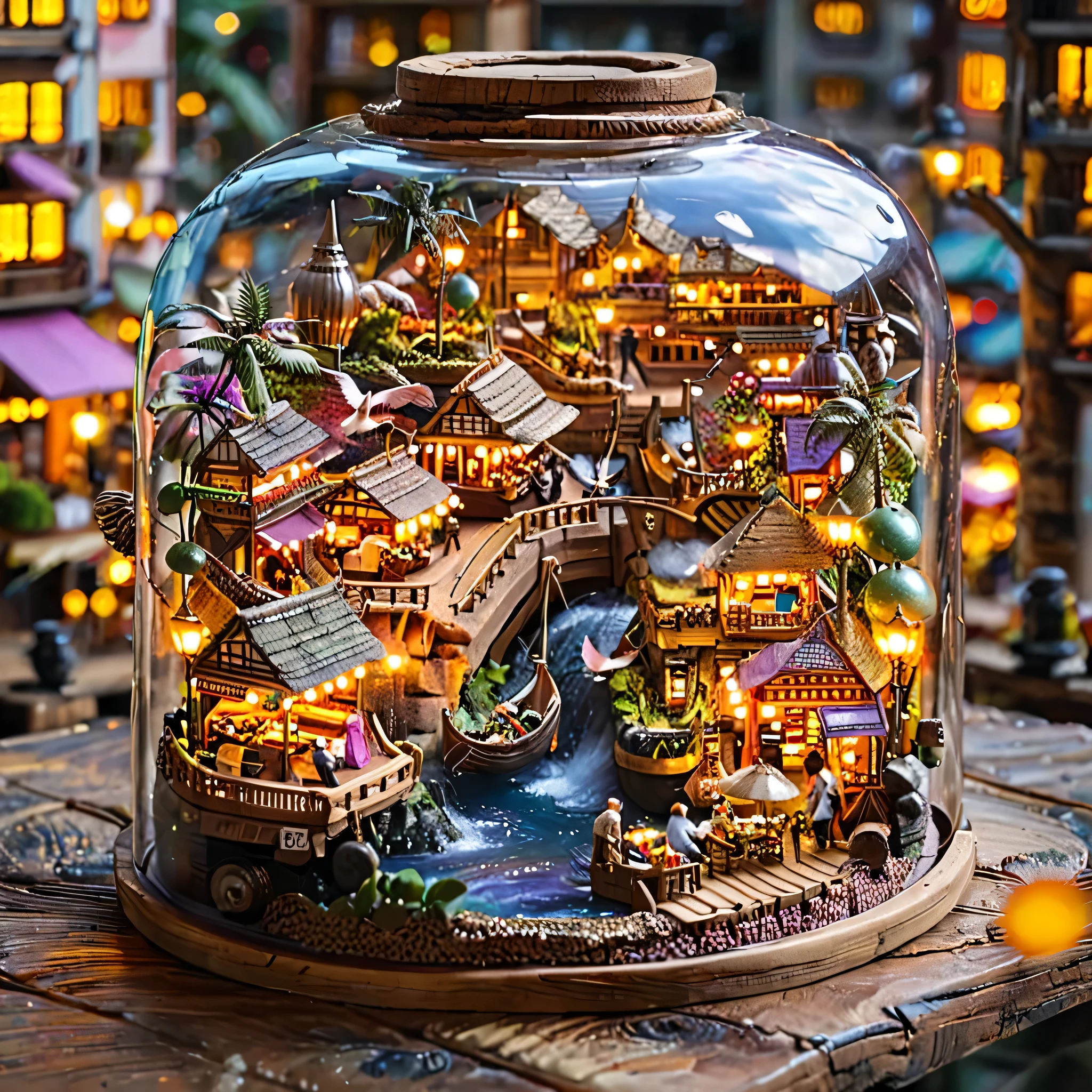 Floating Market in the Sky of a Sunset: "(tilt-shift photography, masterpiece, top quality, best quality), (ultra-detailed, absolute resolution), ((16k, high resolution)). A floating market suspended in the sky during a golden sunset. Merchants' stalls Colorful lights illuminated by magical lamps are arranged on platforms connected by wooden walkways. Below the platforms, the sky reflects shades of orange, pink and purple. Airships transport goods, while exotic birds with bright feathers fly around. Add people interacting and negotiating, creating a welcoming and vibrant environment.”