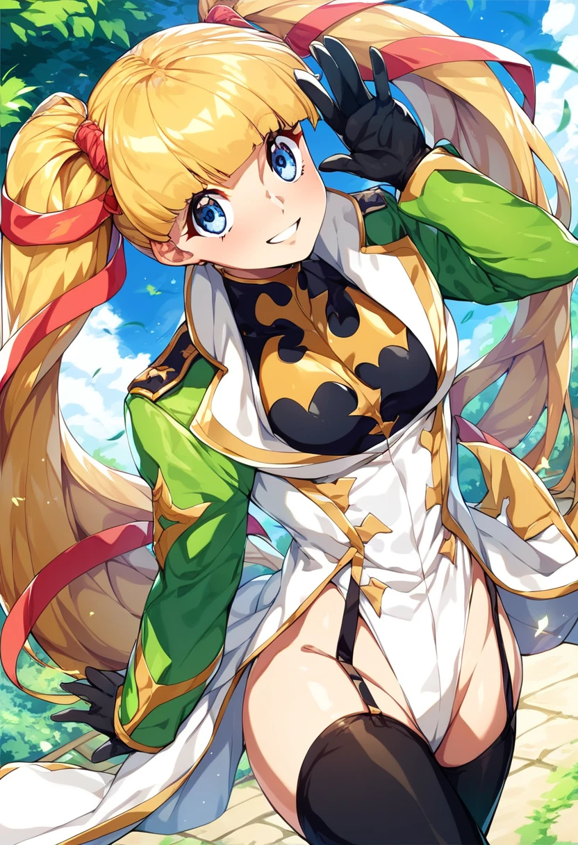 score_9, score_8_up, score_7_up, score_6_up, score_5_up, score_4_up, rating_questionable, , source_anime, digital illustration, pixiv, fanbox, uncensored, , BREAK, official art,
1girl, solo, female, monica kruszewski, blonde hair, blue eyes, hair ribbon, medium breasts, twintails, ribbon,
military uniform, leotard, highleg leotard, garter straps, thighhighs, gloves, waving, outdoors, light smile, blush, cowboy shot, looking at viewer,   