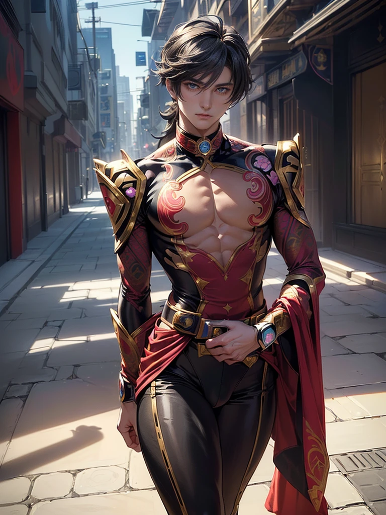 (masterpiece,best quality,ultra_detailed,highres,absurdres), (detailed shadow), (quality light), 1 (mature_male:2.0) (male_courtesan_super_sentai:1.6) (with bulge:1.6), 15-ish, (muscleale focus), (solo:1.9), short black Quiff hair with Soft Fringe (bangs part on side 3:7 ratio), blue_eyes (detailed eyes), androgynous young beautiful pretty cute elegant (male_courtesan_super_sentai) (in futuristic_ornamented_patterned_colorful_male_wool_velvet_silk_courtesan_super_sentai_outfit:1.8) is (walking on futuristic_city_street:1.7), (eyelashes), (thigh_gap), pectorals, (wide_flat_chest, wide_shoulders:1.9), (big_wide_hips, big_wide_pelvis:1.8), (warm_smile:1.2), (thin_waist, dented_waist, waist_narrower_and_thinner_than_neck:1.8), (en_face, side_view:1.1), (swayback, curvy_waist, arched_back), short hair, looking at viewer, parted lips, ((PERFECT_FACE)), ((finely_detailed_beautiful_eyes_and_detailed_face)), (best_illumination, best_shadow, an_extremely_delicate_and_beautiful)