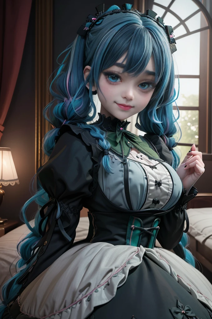 1 girl, Photo, masterpiece, Sweetlolita im Bedroomgothic Gothic Interior, (black dress fabric) , blushing pink makeup , Gloves, smile, ((side twin braids, blue hair)), ((green eyes)), Pastel colors, artfully, Broderry, keeps stuffed teddy bear, bokeh,, huge breasts