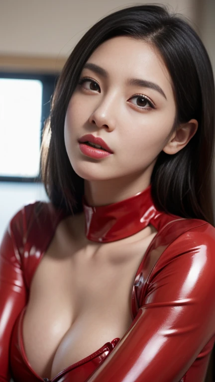 (RAW Photos:1.2)、Highest quality、Beautiful detailed girl、Tight red latex suit、Red latex bodysuit, Laughter、Highly detailed eyes and face、Beautiful and detailed、Large file size、High resolution、High resolution、More about 8k wallpaper、Highly detailed Ticker Uniform 8K Wallpaper、Light on the face、Cinema Lighting、、Sexy pose、(Photorealism:1.4)、Raise your consciousness、Surrealism、 From below、Super Detail、masterpiece