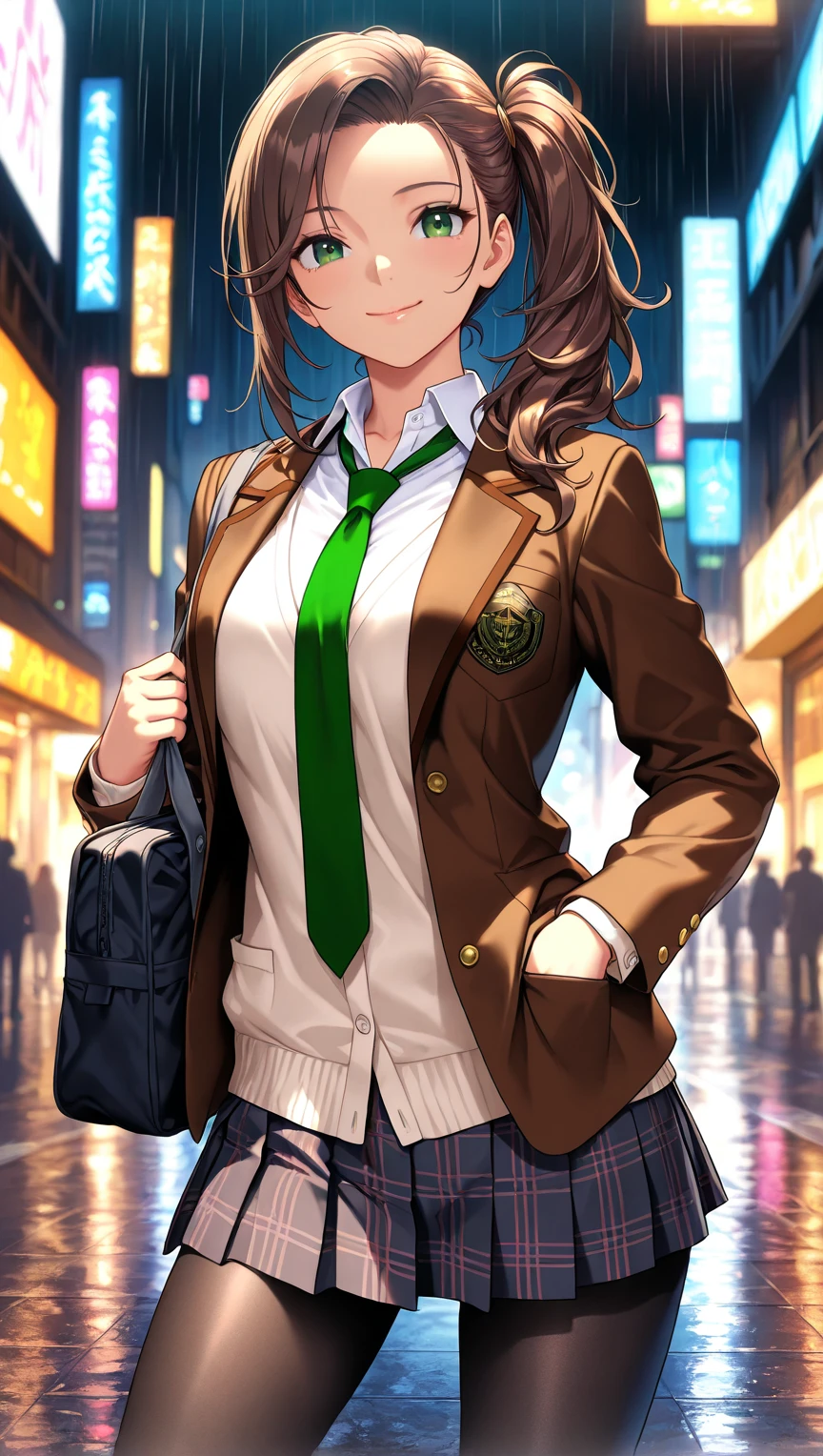 masterpiece, best quality, very aesthetic, realistic detailed CG, Sharp Focus, high contrast, 1girl, detailed green eyes, smile, semi-long hair, dark brown silky hair, hair styled in a center-parted slicked-back look, side ponytail, contrapposto, Captivating thighs, uniform, brown blazers, (hads in pocket, unbutton), Green tie, Plaid Pleated Skirt, black tights, rainy cyber city, at night