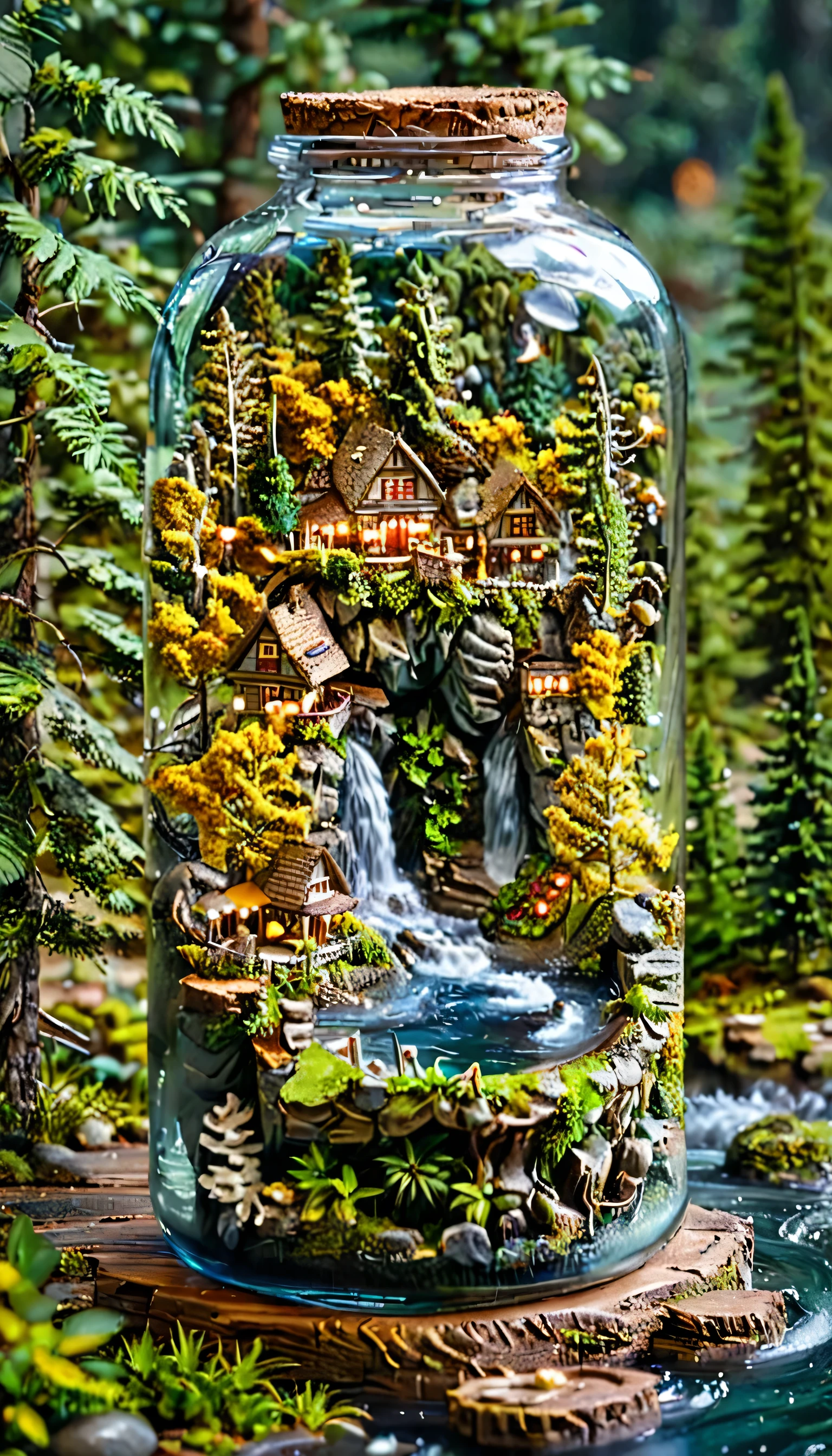  Aerial Forest with Giant Trees: "(tilt-shift photography, masterpiece, superior quality, best quality), (ultra-detailed, absolute resolution), ((16k, high resolution)). A floating forest with giant trees whose crowns form natural platforms where houses and small villages. Tree roots cascade down, with water flowing from them, forming suspended streams and lakes. The sky is a deep blue with soft clouds. through the leaves, creating a magical and serene atmosphere."