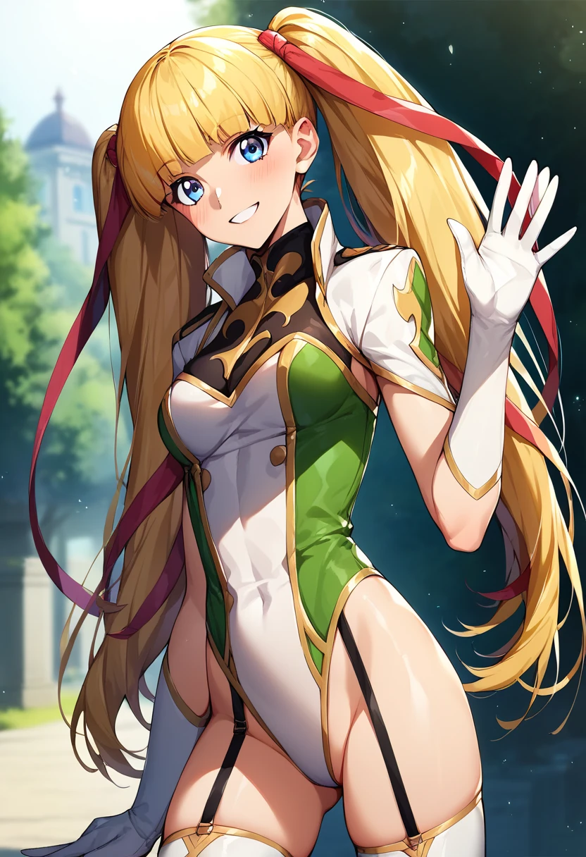 score_9, score_8_up, score_7_up, score_6_up, score_5_up, score_4_up, rating_questionable, , source_anime, digital illustration, pixiv, fanbox, uncensored, , BREAK, official art, 1girl, solo, female, monica kruszewski, blonde hair, blue eyes, hair ribbon, medium breasts, twintails, ribbon, military uniform, leotard, highleg leotard, garter straps, thighhighs, gloves, waving, outdoors, light smile, blush, cowboy shot, looking at viewer,
