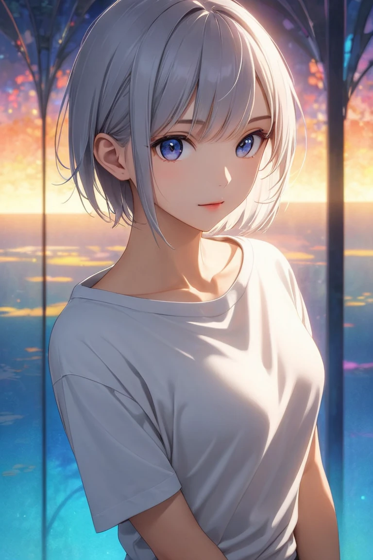 short, tousled light gray hair with a faint bluish tint, sleek and casual hairstyle with soft layers, boyish and androgynous charm, calm and introspective young woman, short textured bangs, layered long nape, asymmetrical bangs (subtle:0.8), soft side-swept fringe (soft:0.8), modern minimalistic style, oversized hoodie or casual t-shirt, relaxed-fit pants, ethereal and mysterious atmosphere, serene and gentle smile, cinematic lighting, crisp details, vibrant colors, beautiful detailed face and eyes, natural posing, looking at the camera, relaxed expression, upper body, low angle, vibrant tones, clear center part (center part:1.2), small eyes (subtle:1.3), parted bangs (balanced:1.1), low hair volume (natural:1.2), side undercut (minimal:1.1), compact and neat hair around the left side near the ear and nape, long nape (enhanced:1.2), head tilt. Well-Defined Facial Features, Pink Lips, Fine Details and Realistic Textures, Perfectly Proportioned Face,  (medium breasts:1.3), beautiful body, slim figure, Beautiful breasts, Beautiful clavicle BREAK, (slender hips:1.3), (beauty legs:1.3), (slim thighs:1.3), (fit and toned legs:1.3), long legs, (Long, slender legs:1.3), Flat shading, vivid colors, sharp line art, clean outlines, cell shading, minimal texture, anime background, simple and elegant composition, cinematic yet anime-inspired lighting, vibrant tones, and a clear, 2D anime style.

