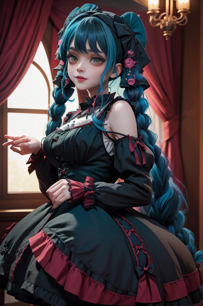 1 girl, Photo, masterpiece, Sweetlolita im Bedroomgothic Gothic Interior, (black-red dress) , ((green eyes)), blushing pink makeup , Gloves, smile, ((side twin braids, blue hair)), artfully, Broderry, keeps stuffed teddy bear, bokeh,, huge breasts