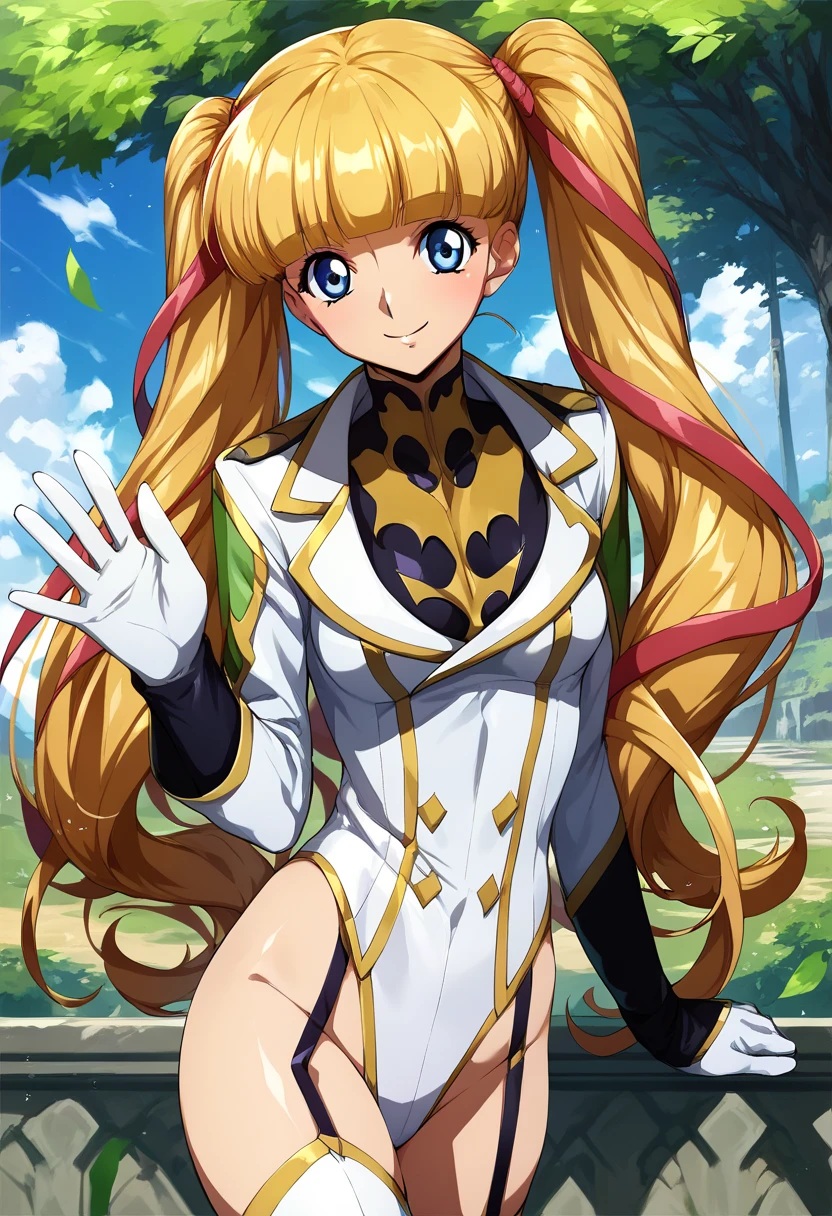 score_9, score_8_up, score_7_up, score_6_up, score_5_up, score_4_up, rating_questionable, , source_anime, digital illustration, pixiv, fanbox, uncensored, , BREAK, official art, 1girl, solo, female, monica kruszewski, blonde hair, blue eyes, hair ribbon, medium breasts, twintails, ribbon, military uniform, leotard, highleg leotard, garter straps, thighhighs, gloves, waving, outdoors, light smile, blush, cowboy shot, looking at viewer,
